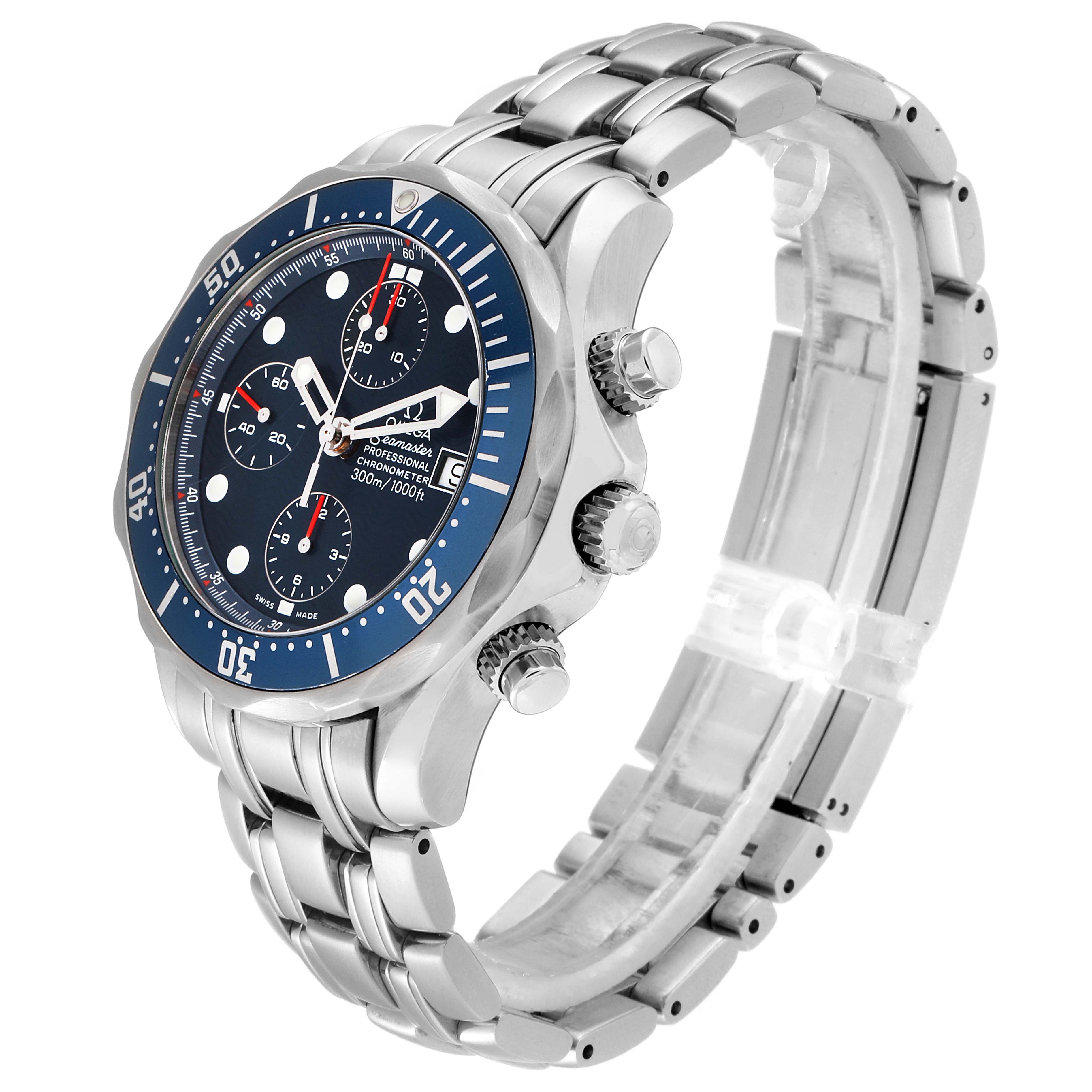 The image shows a side angle of the Omega Seamaster 2599.80.00 Men
s Stainless Steel Blue Dial 2599.80.00 Men
s Stainless Steel Blue Dial watch, highlighting its face, bezel, crown, pushers, and metal bracelet.