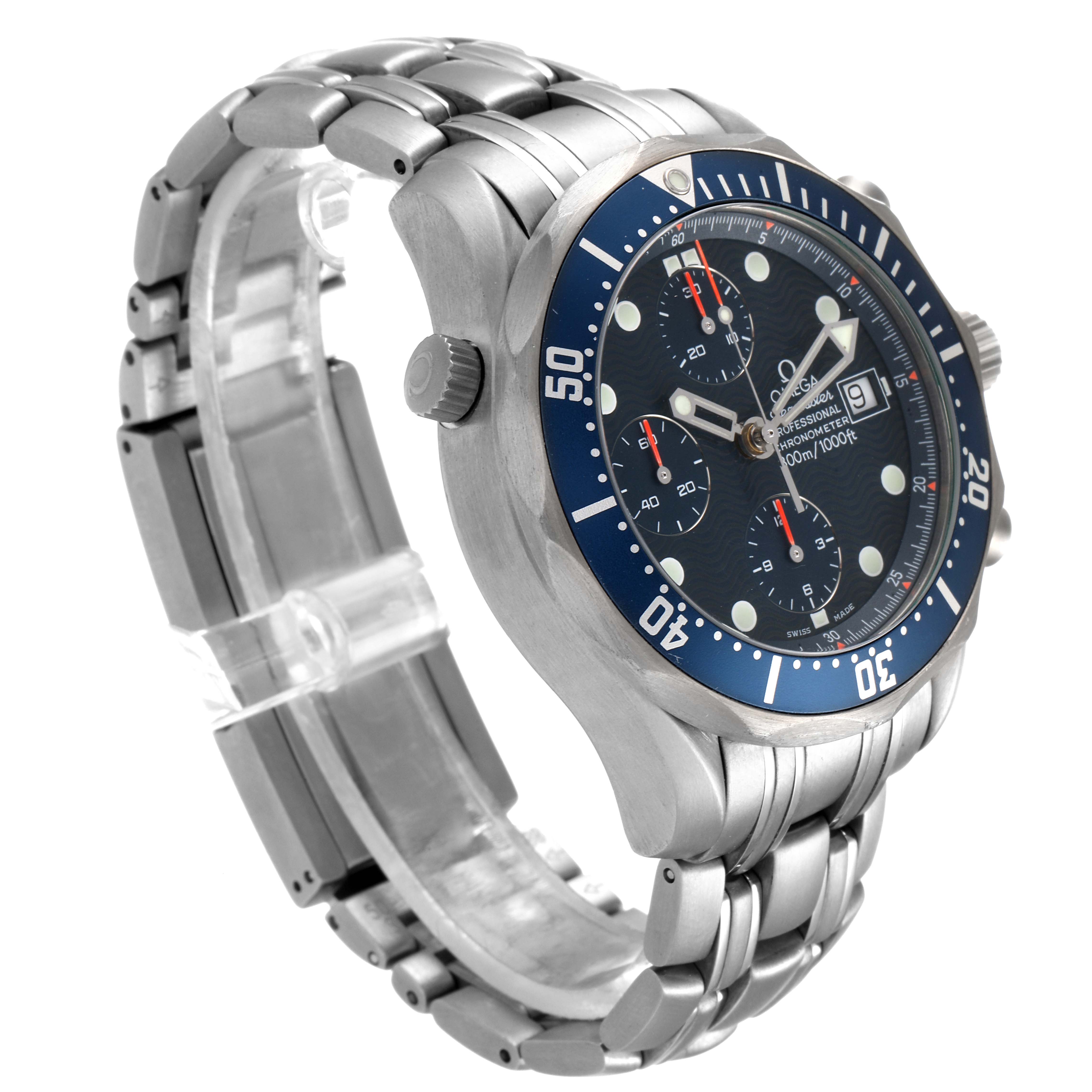 The image shows an angled view from the front-left of the Omega Seamaster 2298.80.00 Men
s Titanium Blue Dial 2298.80.00 Men
s Titanium Blue Dial watch, highlighting its face, bezel, and metal bracelet.