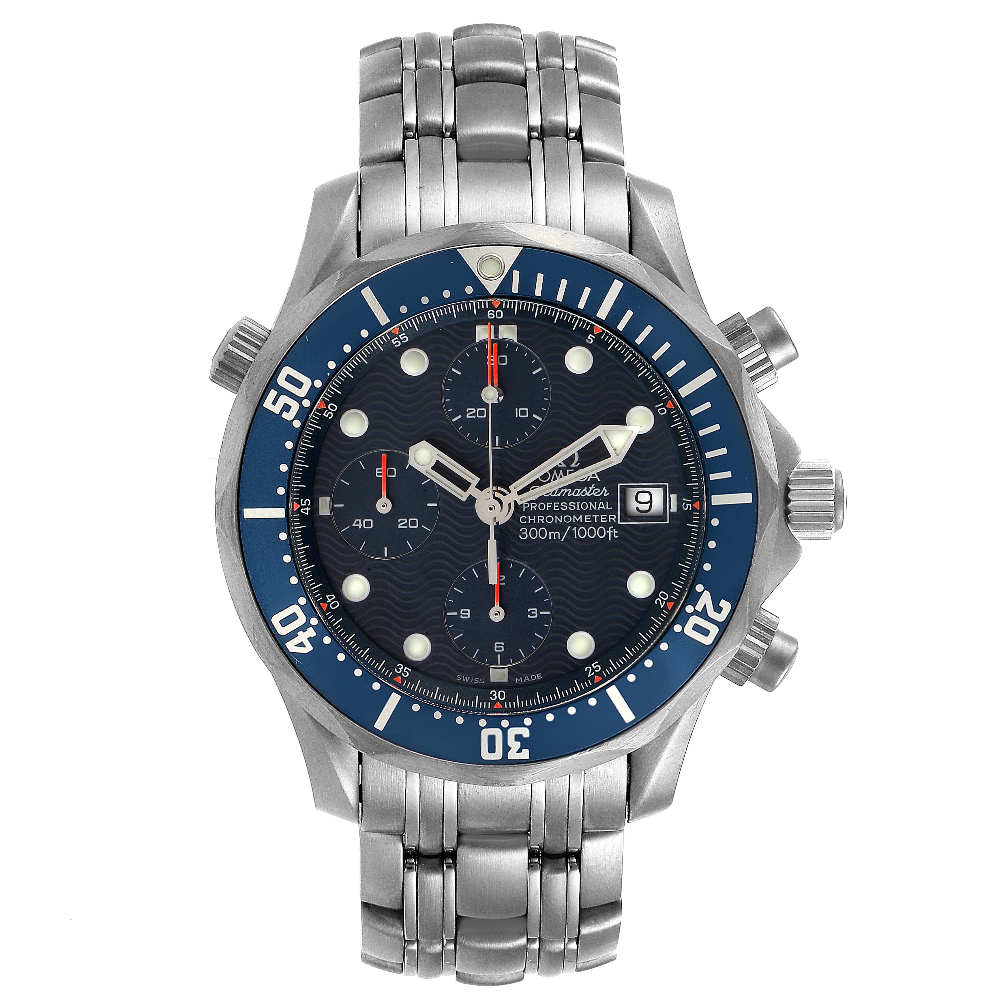 The Omega Seamaster 2298.80.00 Men
s Titanium Blue Dial 2298.80.00 Men
s Titanium Blue Dial watch is viewed from the front, showing the dial, bezel, chronograph subdials, and metal bracelet.