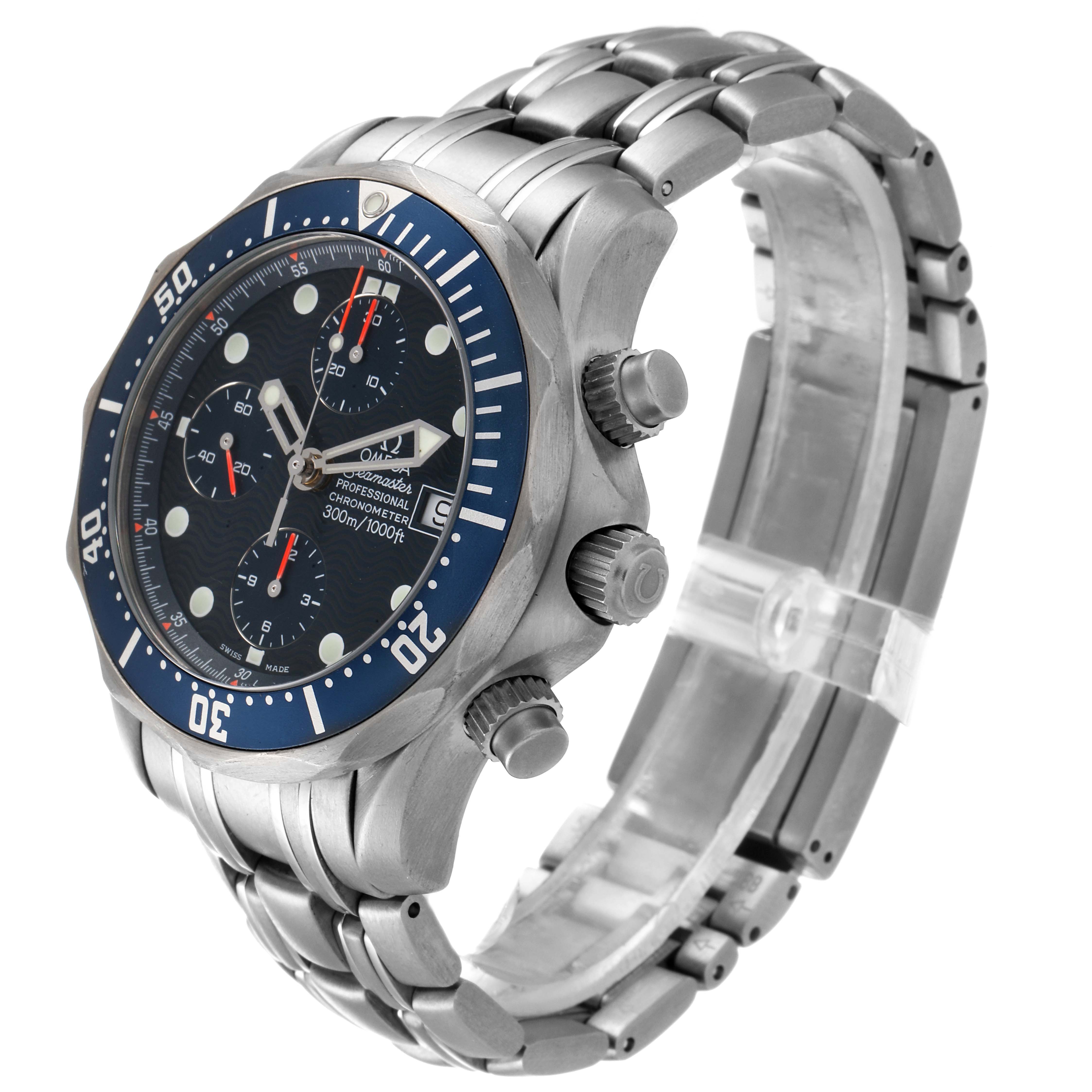 The image shows an Omega Seamaster 2298.80.00 Men
s Titanium Blue Dial 2298.80.00 Men
s Titanium Blue Dial watch from an angled side view, showcasing the dial, bezel, pushers, and bracelet.