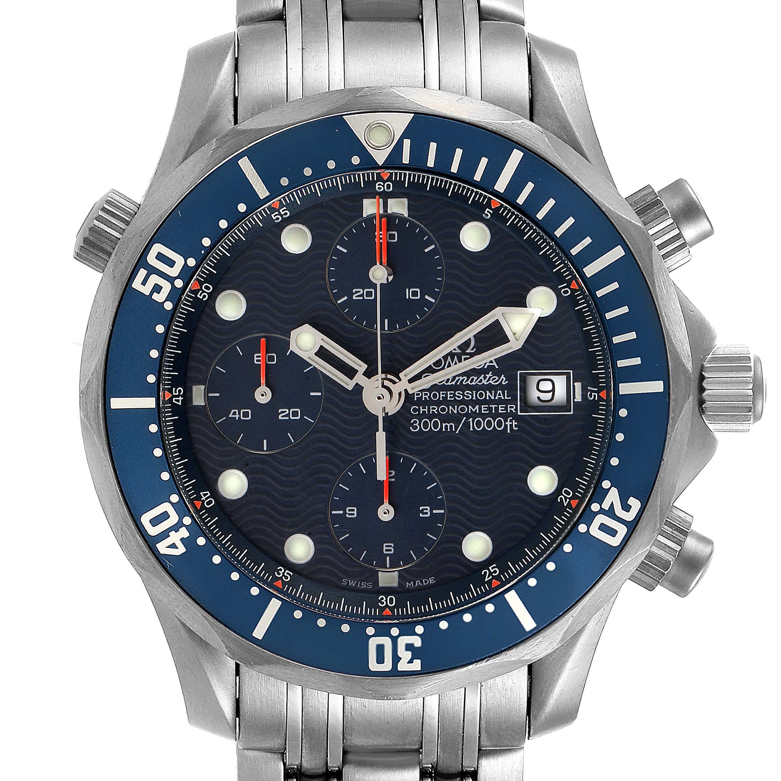 The image shows a frontal view of the Omega Seamaster 2298.80.00 Men
s Titanium Blue Dial 2298.80.00 Men
s Titanium Blue Dial Professional Chronometer watch, featuring its dial, bezel, and bracelet.
