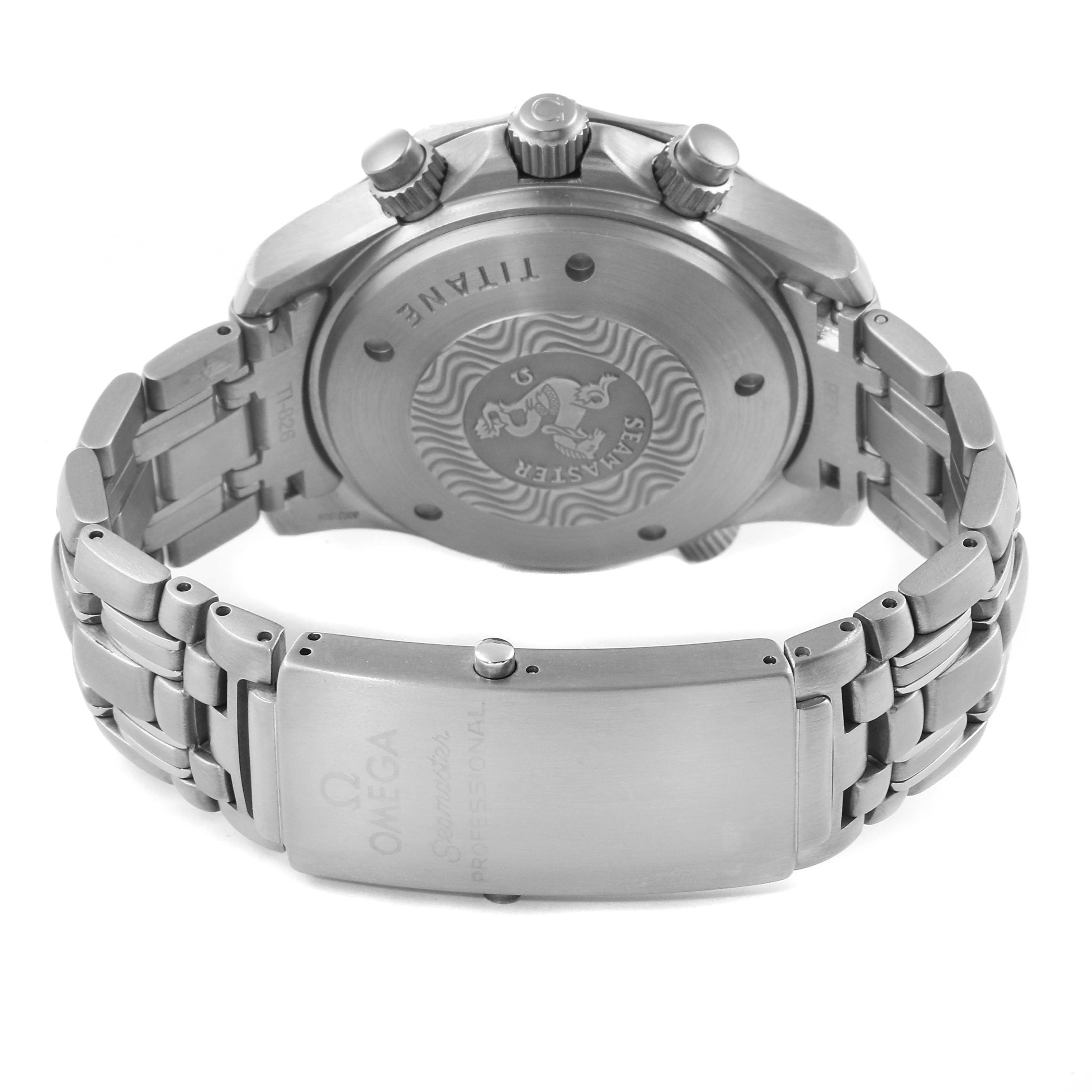 The image shows the back case and clasp of an Omega Seamaster 2298.80.00 Men
s Titanium Blue Dial 2298.80.00 Men
s Titanium Blue Dial watch, highlighting the bracelet and engraved details.