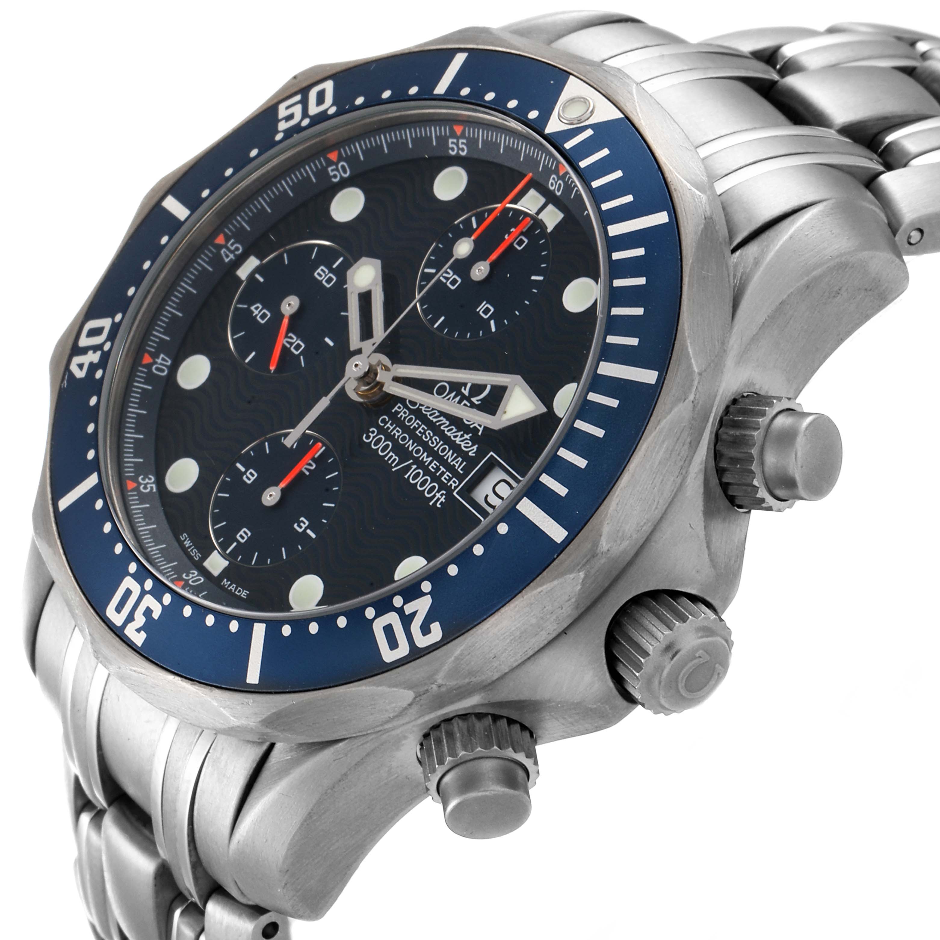 The image shows a side view of the Omega Seamaster 2298.80.00 Men
s Titanium Blue Dial 2298.80.00 Men
s Titanium Blue Dial watch, highlighting the bezel, crown, subdials, and bracelet.