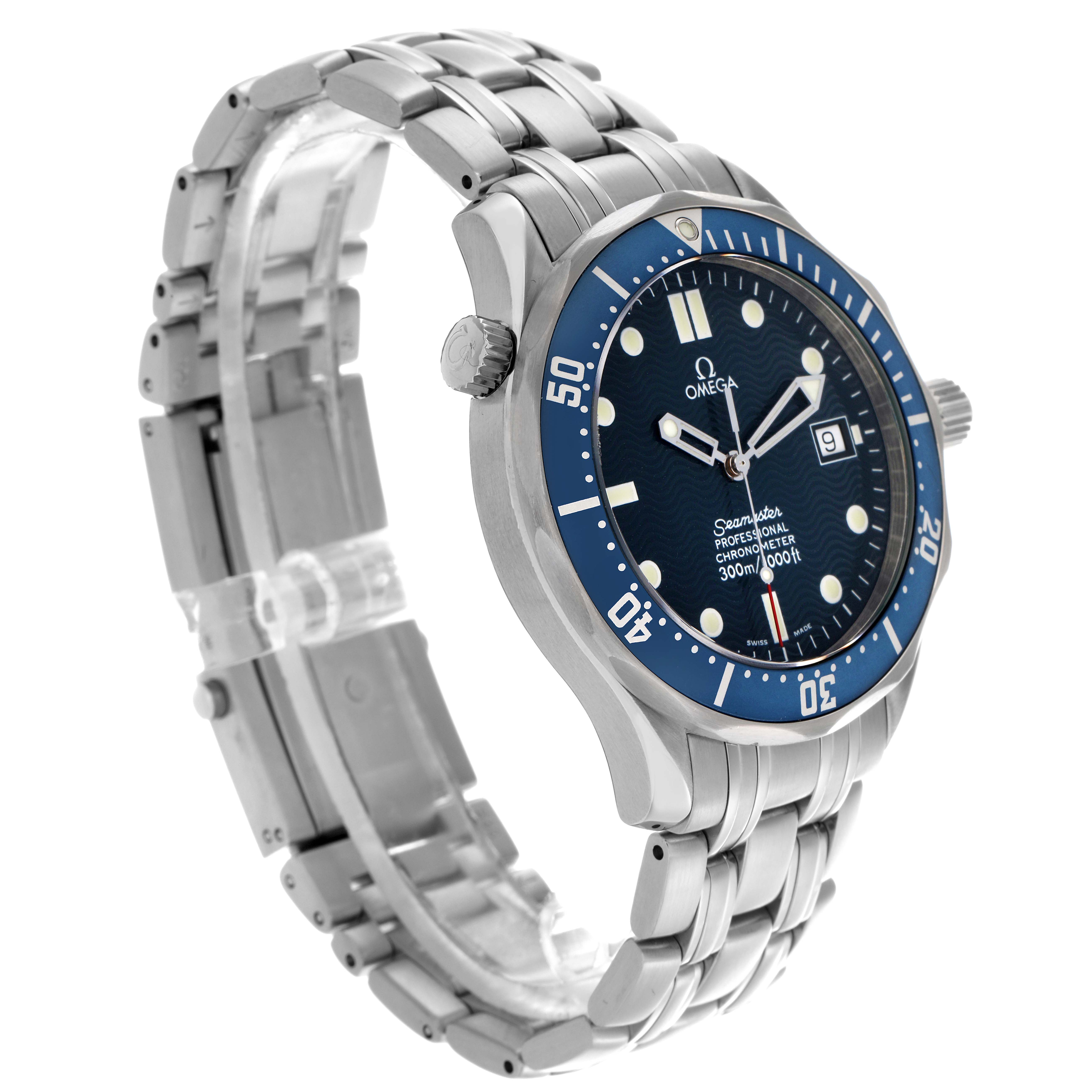 The Omega Seamaster 2531.80.00 Men
s Stainless Steel Blue Dial 2531.80.00 Men
s Stainless Steel Blue Dial watch is shown at a three-quarter angle, highlighting the bracelet, case, bezel, and dial.
