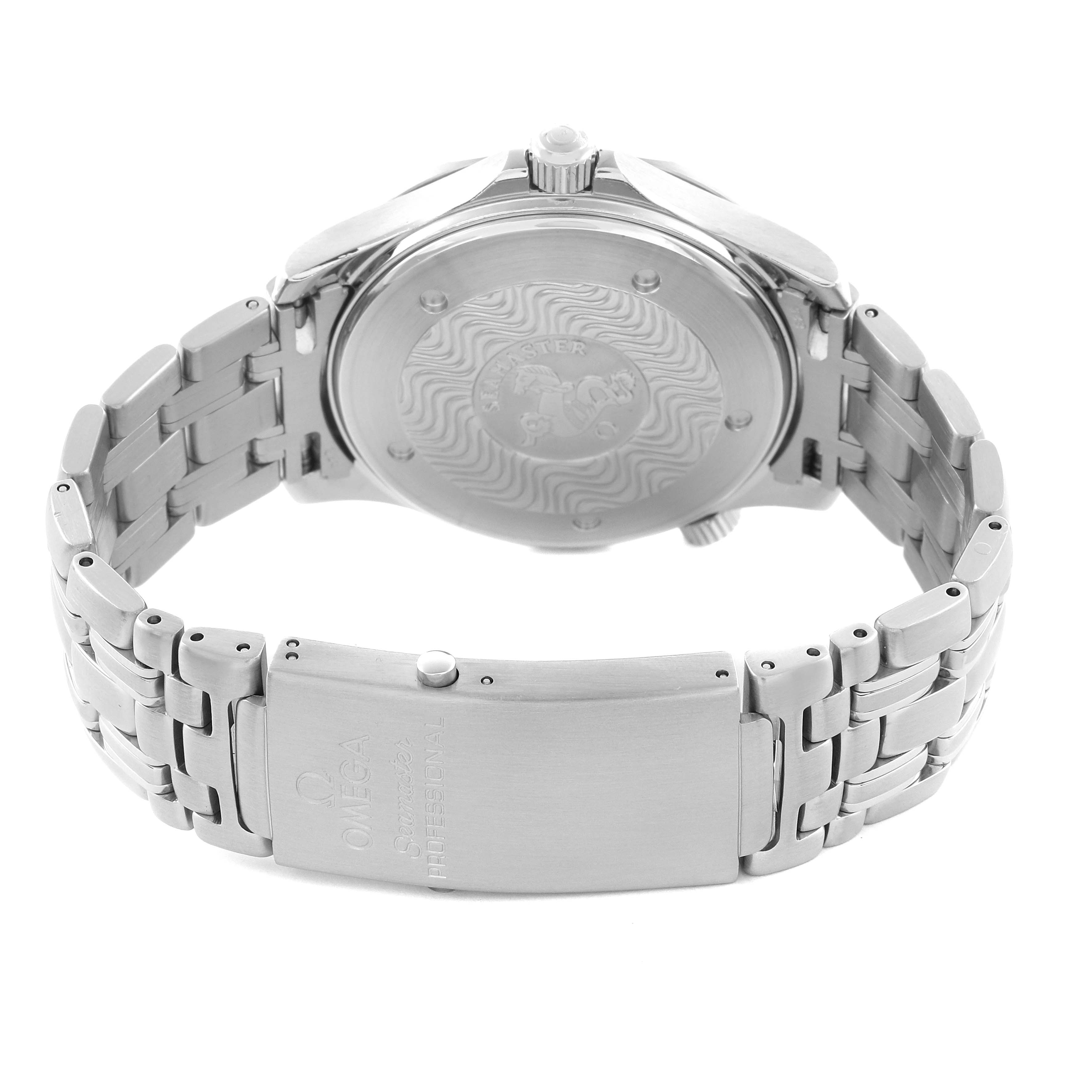 The Omega Seamaster 2531.80.00 Men
s Stainless Steel Blue Dial 2531.80.00 Men
s Stainless Steel Blue Dial watch is shown from the back, displaying the case back and stainless steel bracelet with clasp.