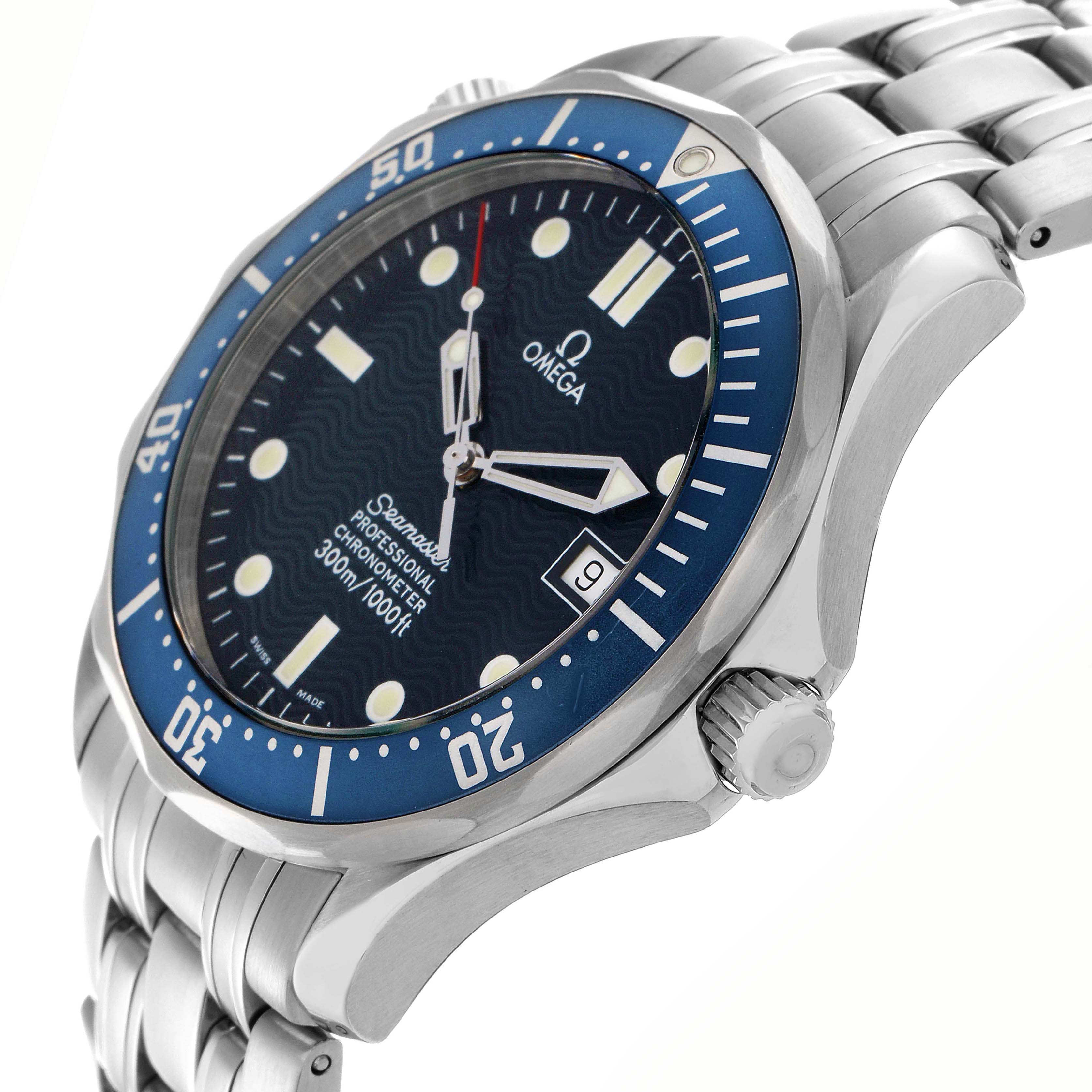 The Omega Seamaster 2531.80.00 Men
s Stainless Steel Blue Dial 2531.80.00 Men
s Stainless Steel Blue Dial watch is shown at an angled side view, highlighting its blue bezel, dial, and steel bracelet.