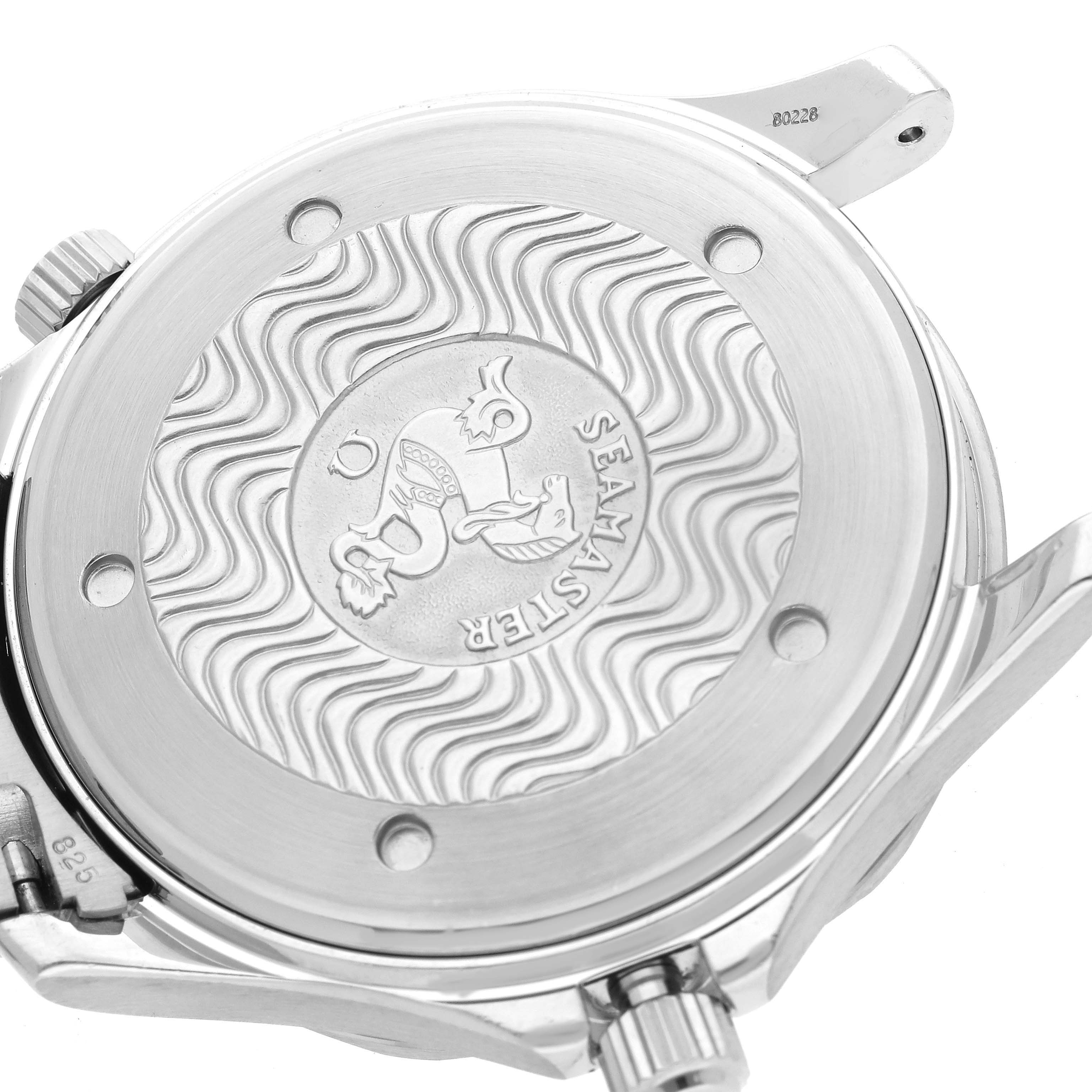 The image shows the case back of an Omega Seamaster 2531.80.00 Men
s Stainless Steel Blue Dial 2531.80.00 Men
s Stainless Steel Blue Dial watch, featuring an engraved design and wave pattern.