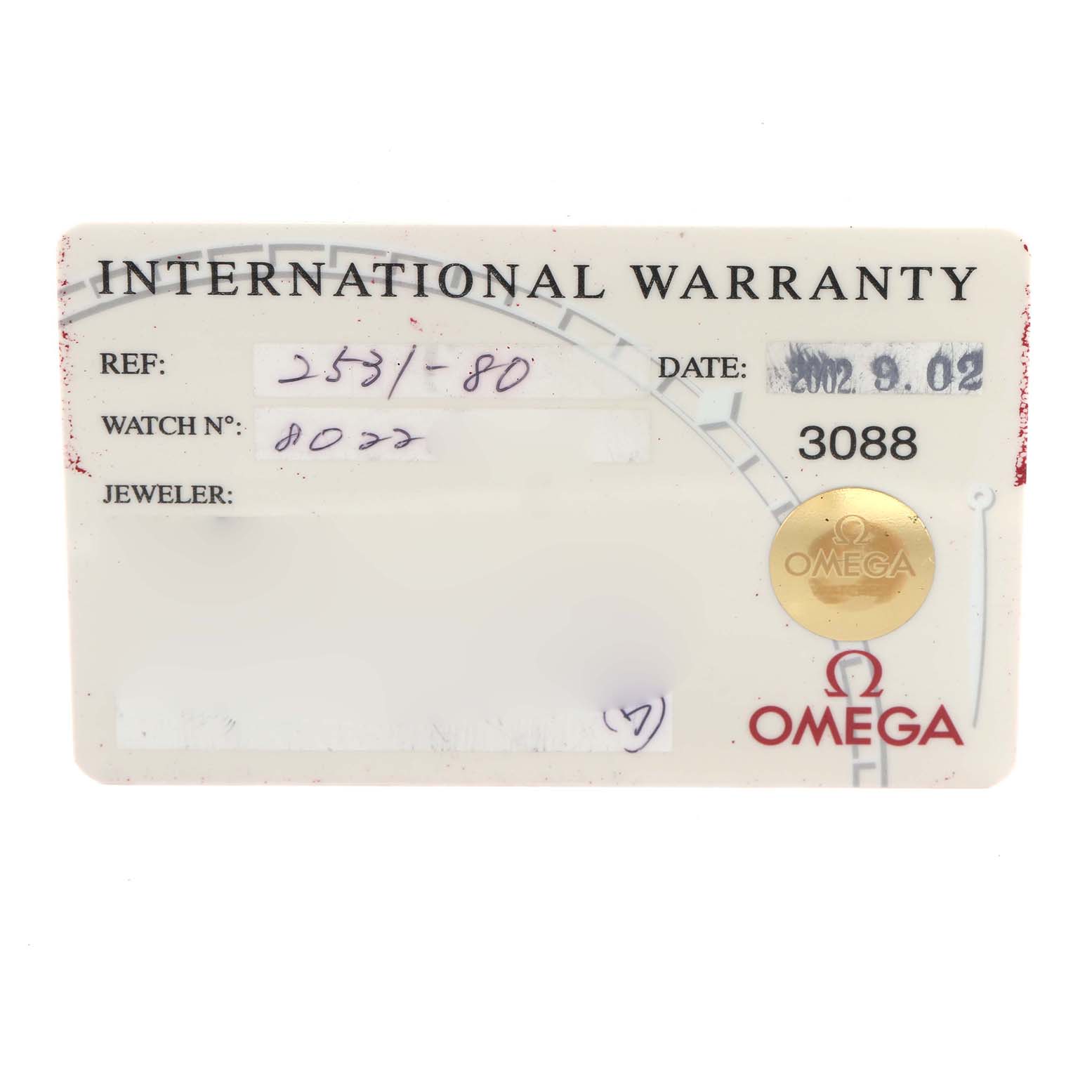 The image shows an Omega Seamaster 2531.80.00 Men
s Stainless Steel Blue Dial 2531.80.00 Men
s Stainless Steel Blue Dial International Warranty card, viewed from the front.