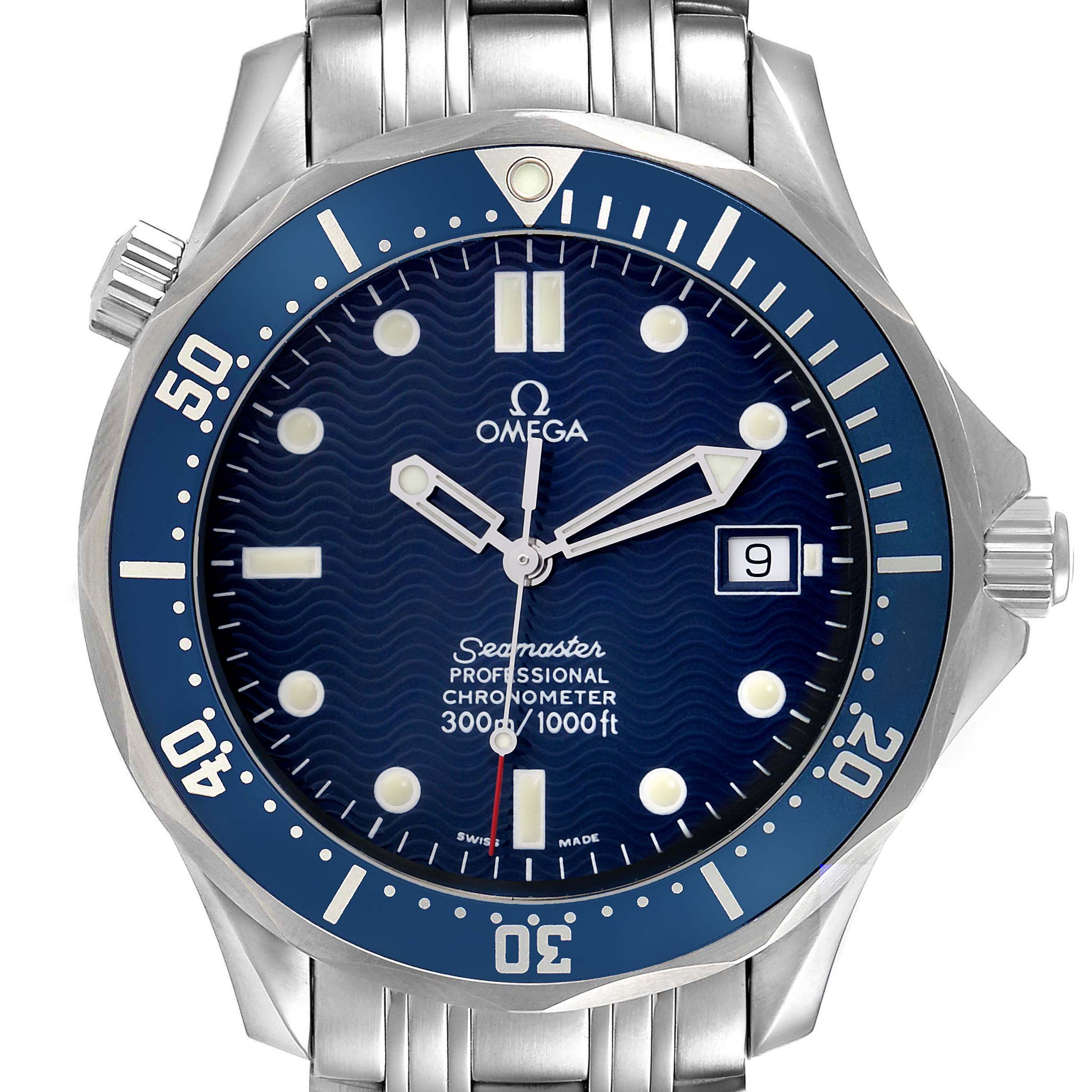 The Omega Seamaster 2531.80.00 Men
s Stainless Steel Blue Dial 2531.80.00 Men
s Stainless Steel Blue Dial watch is shown from the front, highlighting the dial, bezel, bracelet, and date window.