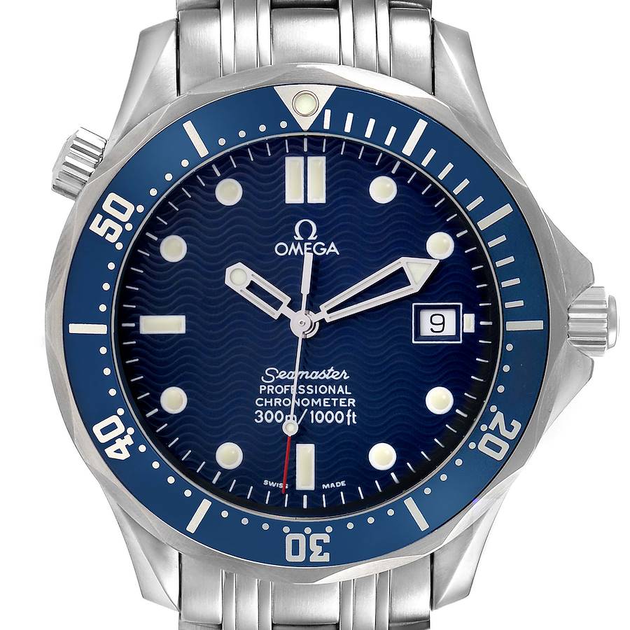 The Omega Seamaster watch is shown from the front, highlighting the dial, bezel, bracelet, and date window.