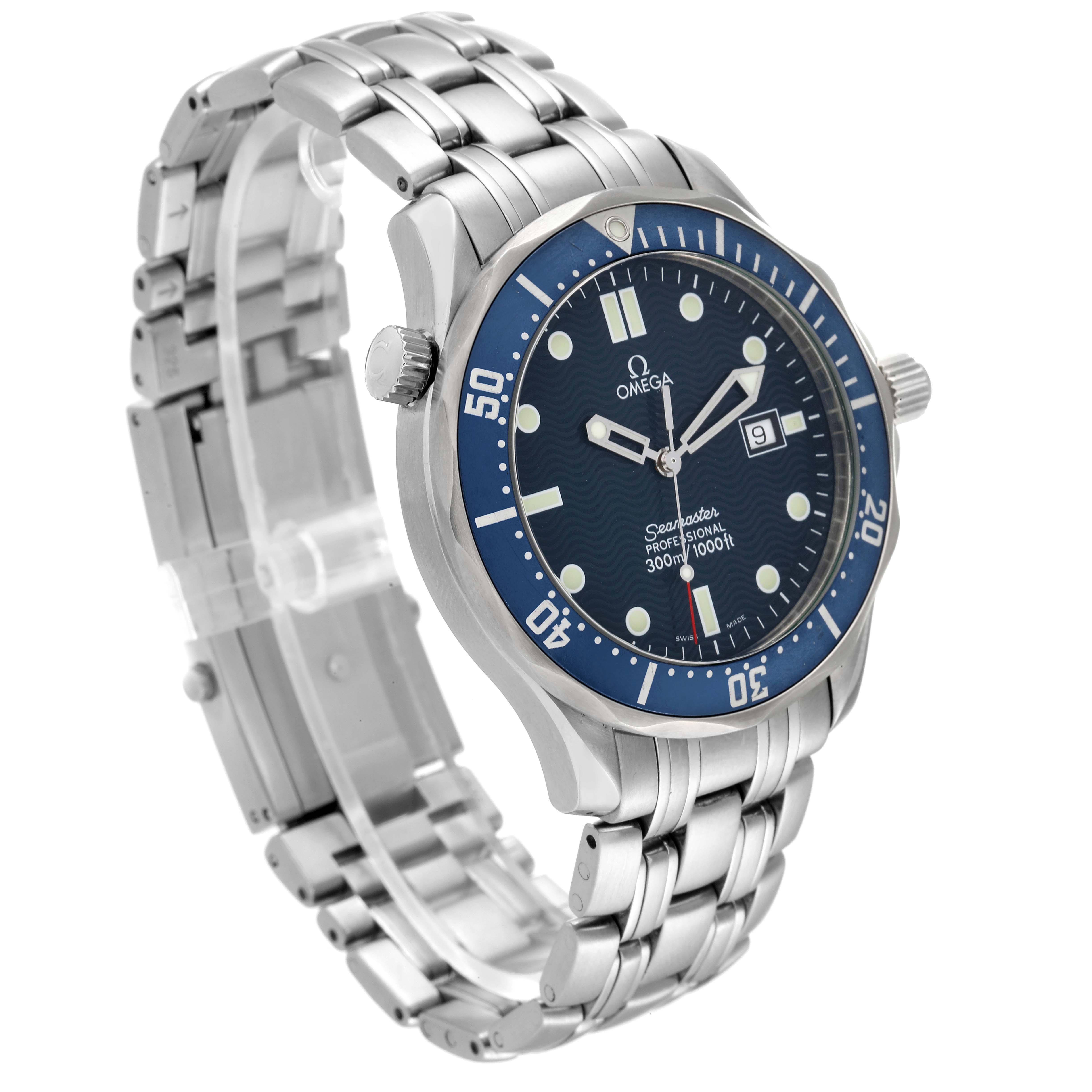 The image shows an angled view of the Omega Seamaster 2541.80.00 Men's Stainless Steel Blue Dial 2541.80.00 Men's Stainless Steel Blue Dial watch, highlighting its face, bezel, crown, and metal bracelet.