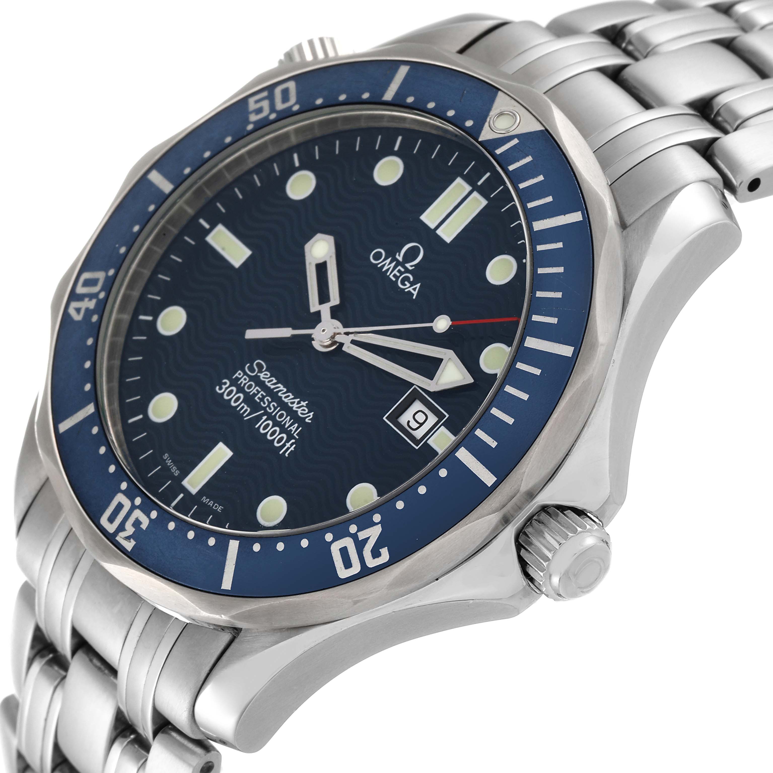 The Omega Seamaster 2541.80.00 Men's Stainless Steel Blue Dial 2541.80.00 Men's Stainless Steel Blue Dial watch is shown from an angled close-up, highlighting the dial, bezel, crown, and part of the metal bracelet.