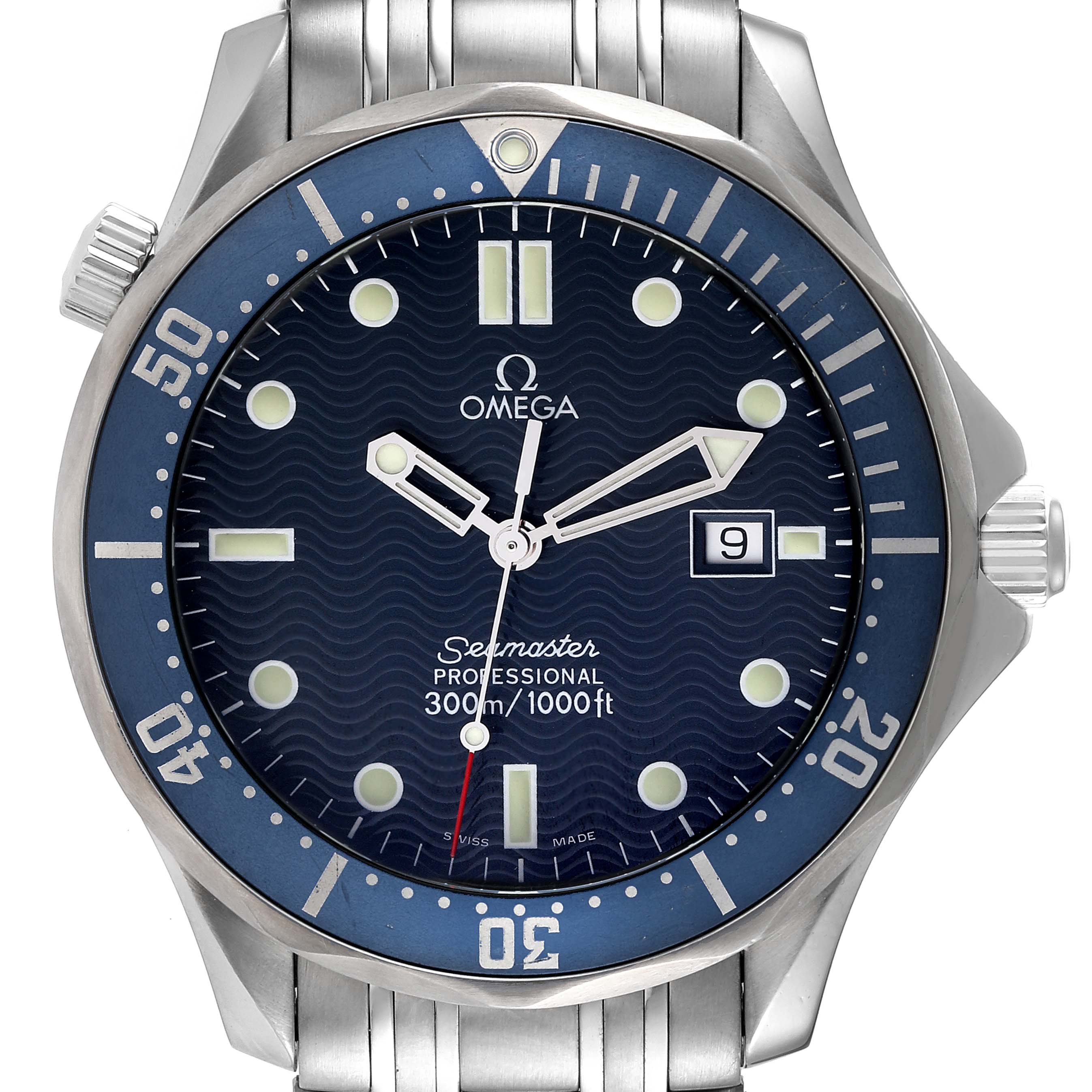 This image shows a front view of an Omega Seamaster 2541.80.00 Men's Stainless Steel Blue Dial 2541.80.00 Men's Stainless Steel Blue Dial watch, highlighting its blue dial, bezel, and stainless steel bracelet.
