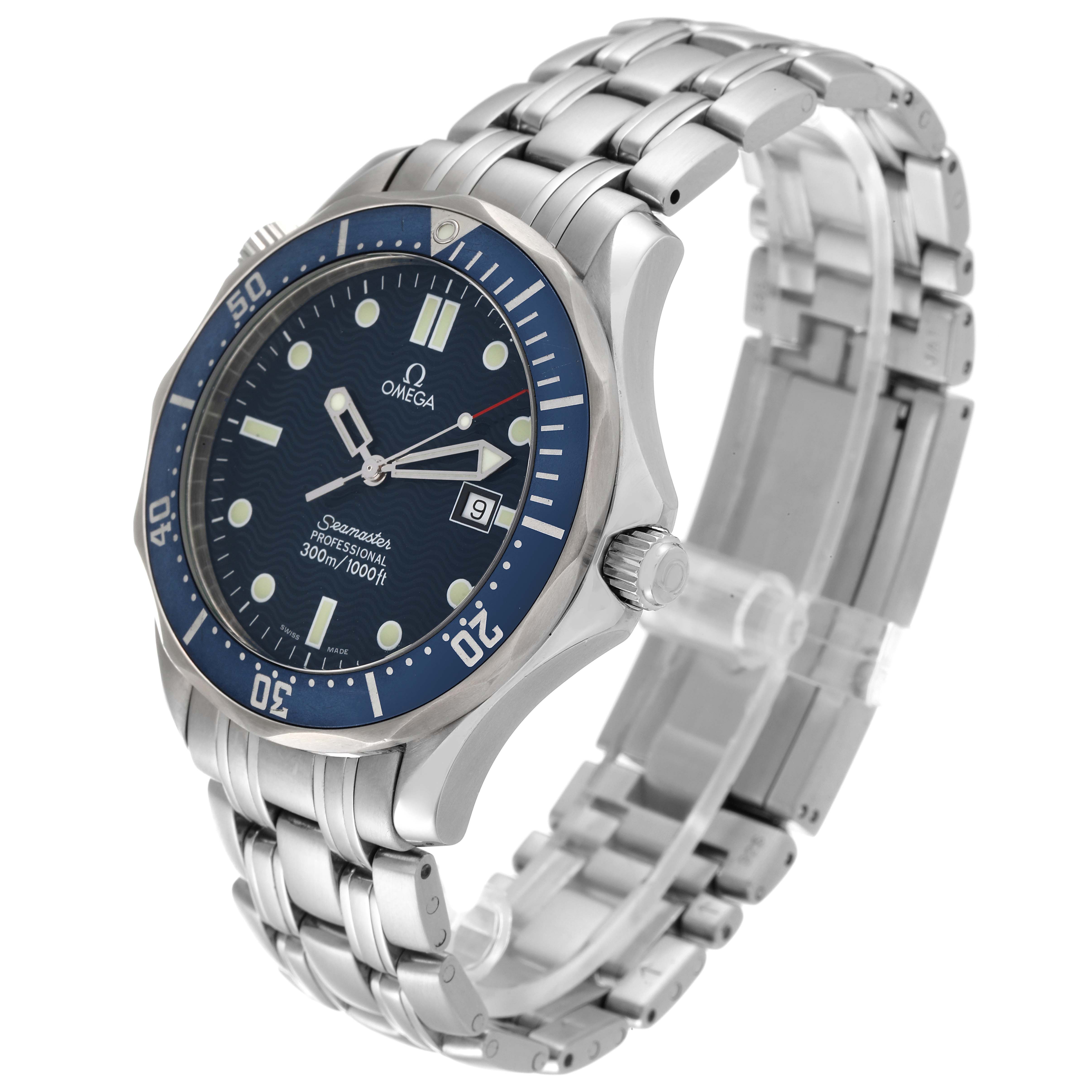 This Omega Seamaster 2541.80.00 Men's Stainless Steel Blue Dial 2541.80.00 Men's Stainless Steel Blue Dial watch is shown from a front angle, displaying the dial, bezel, case, and stainless steel bracelet.