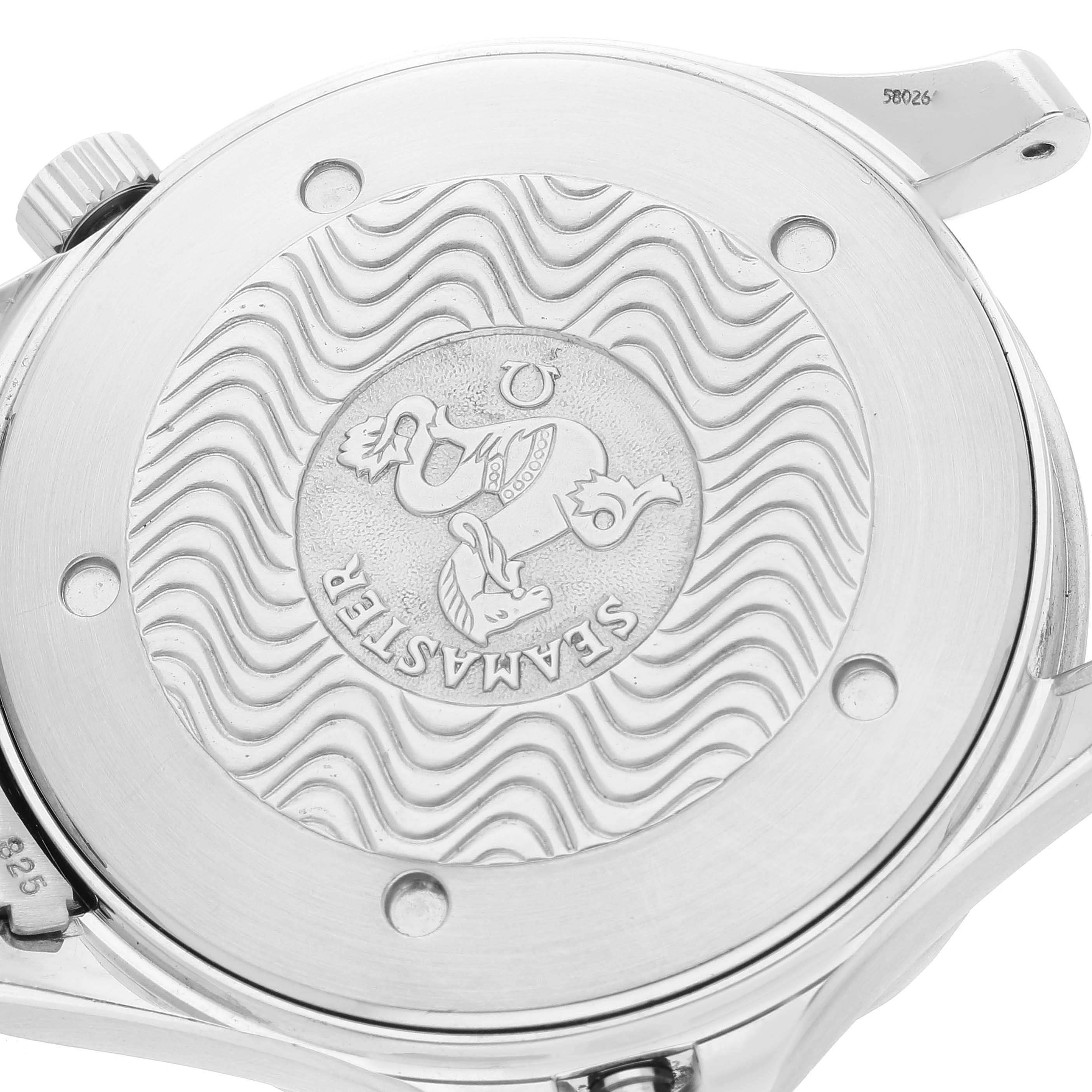 This image shows the case back of the Omega Seamaster 2541.80.00 Men's Stainless Steel Blue Dial 2541.80.00 Men's Stainless Steel Blue Dial watch, viewed from a close-up, detailed angle.