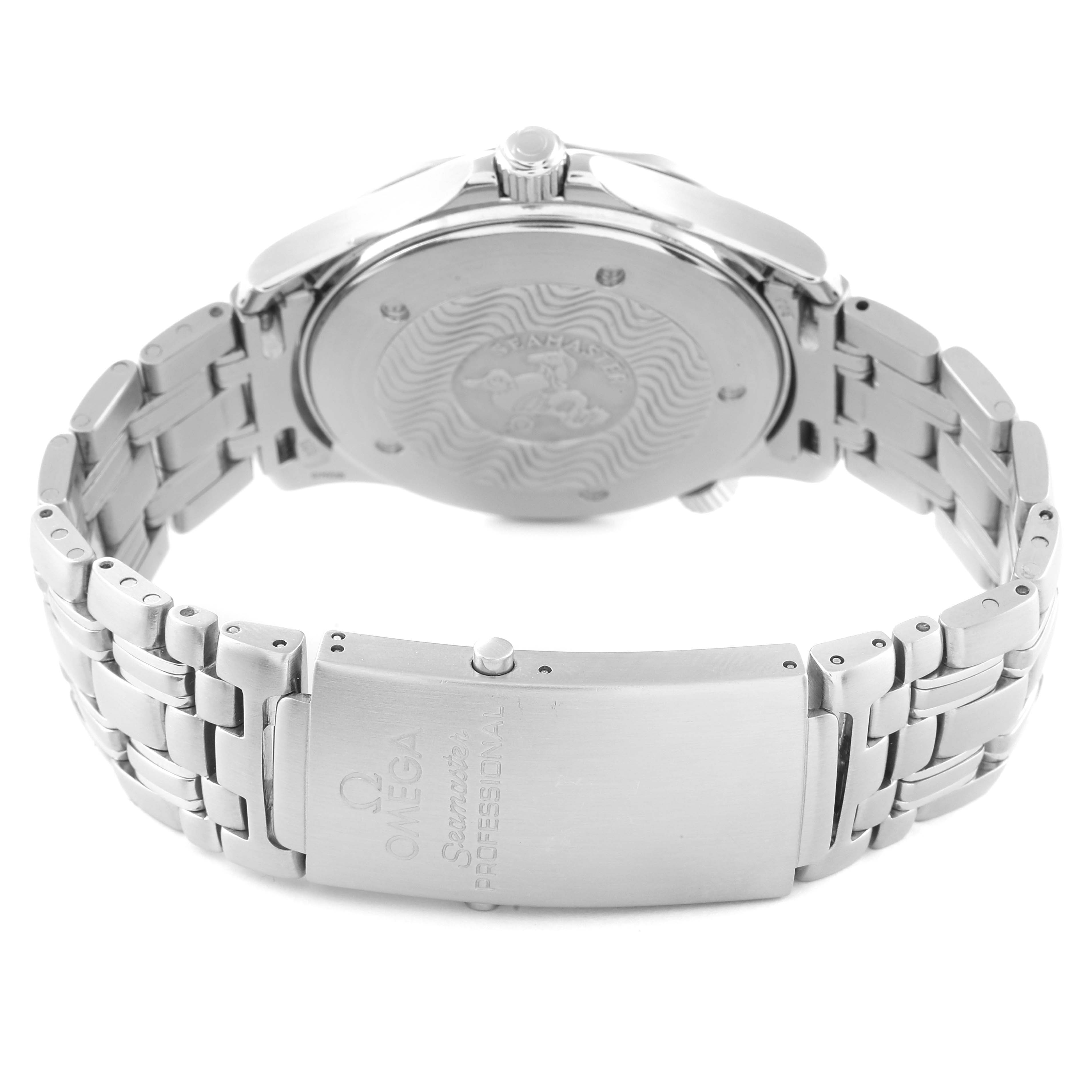 The image shows the back case and clasp of an Omega Seamaster 2541.80.00 Men's Stainless Steel Blue Dial 2541.80.00 Men's Stainless Steel Blue Dial watch, highlighting its metal bracelet and engraved details.