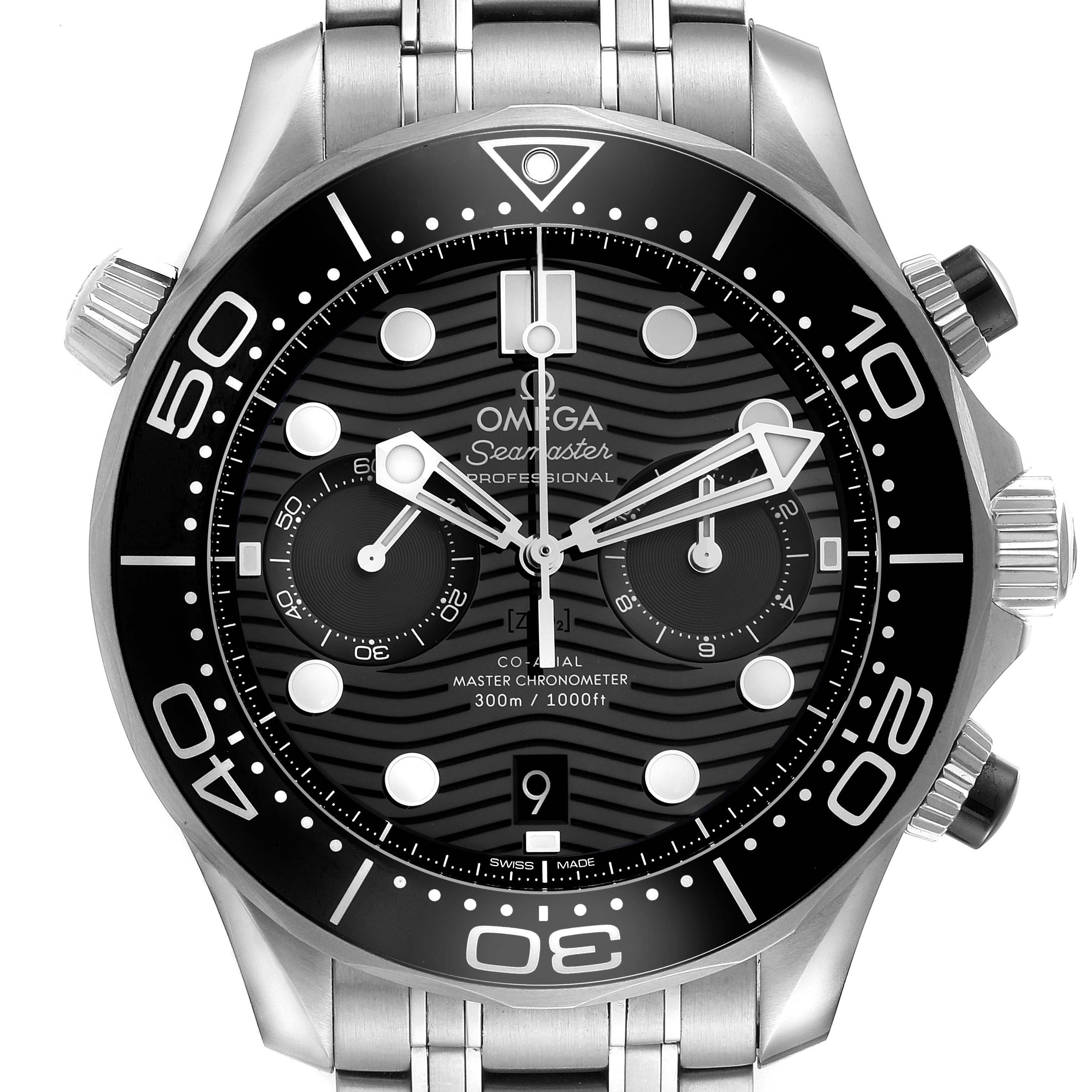 The Omega Seamaster 210.30.44.51.01.001 Men
s Stainless Steel Black Dial 210.30.44.51.01.001 Men
s Stainless Steel Black Dial watch is shown from the front, displaying the full dial, bezel, and part of the metal bracelet.