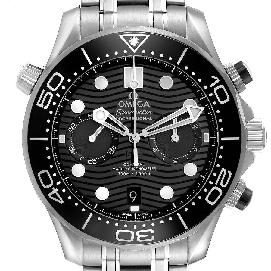 The Omega Seamaster watch is shown from the front, displaying the full dial, bezel, and part of the metal bracelet.