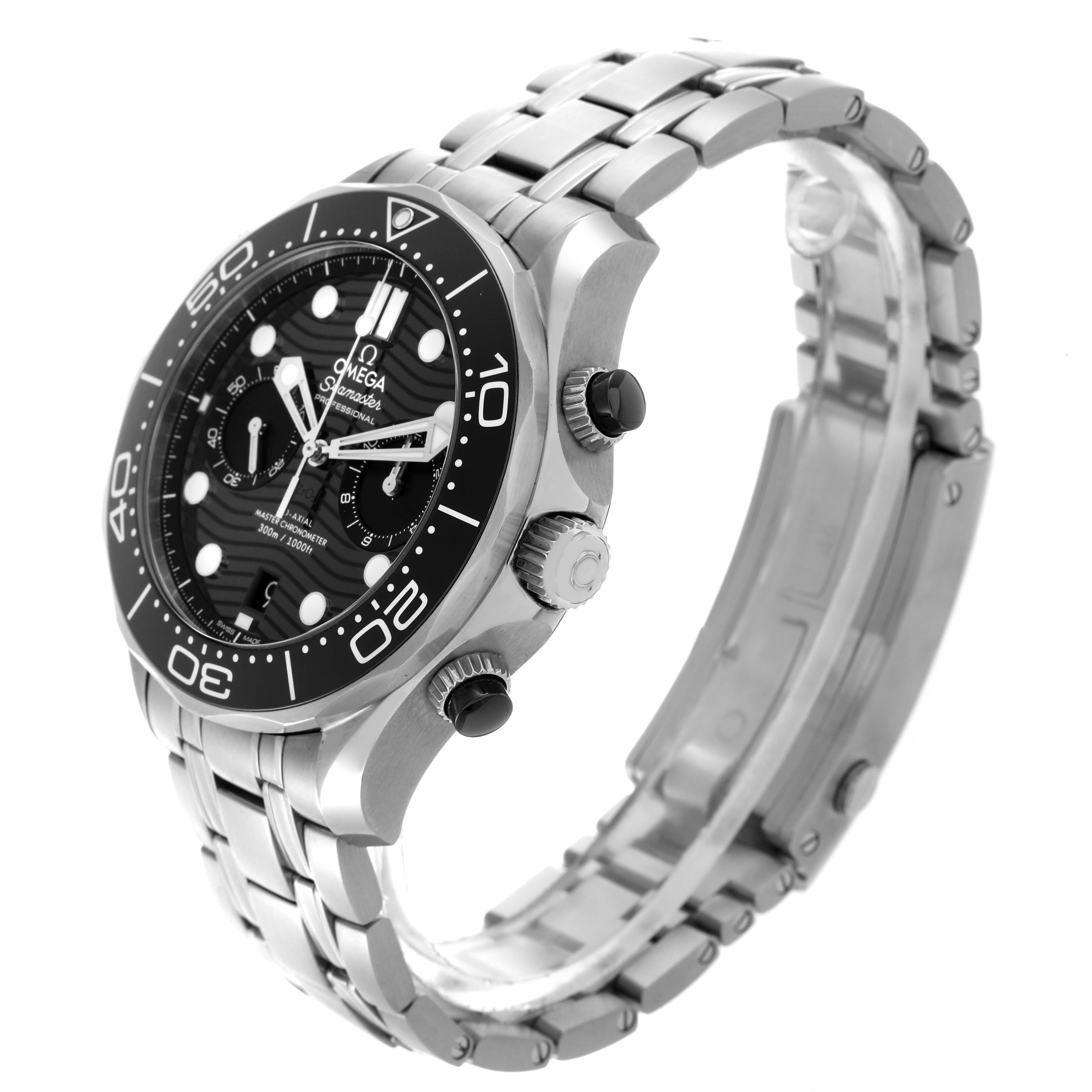 The Omega Seamaster 210.30.44.51.01.001 Men
s Stainless Steel Black Dial 210.30.44.51.01.001 Men
s Stainless Steel Black Dial is shown at an angle highlighting the dial, bezel, crown, pushers, and bracelet.