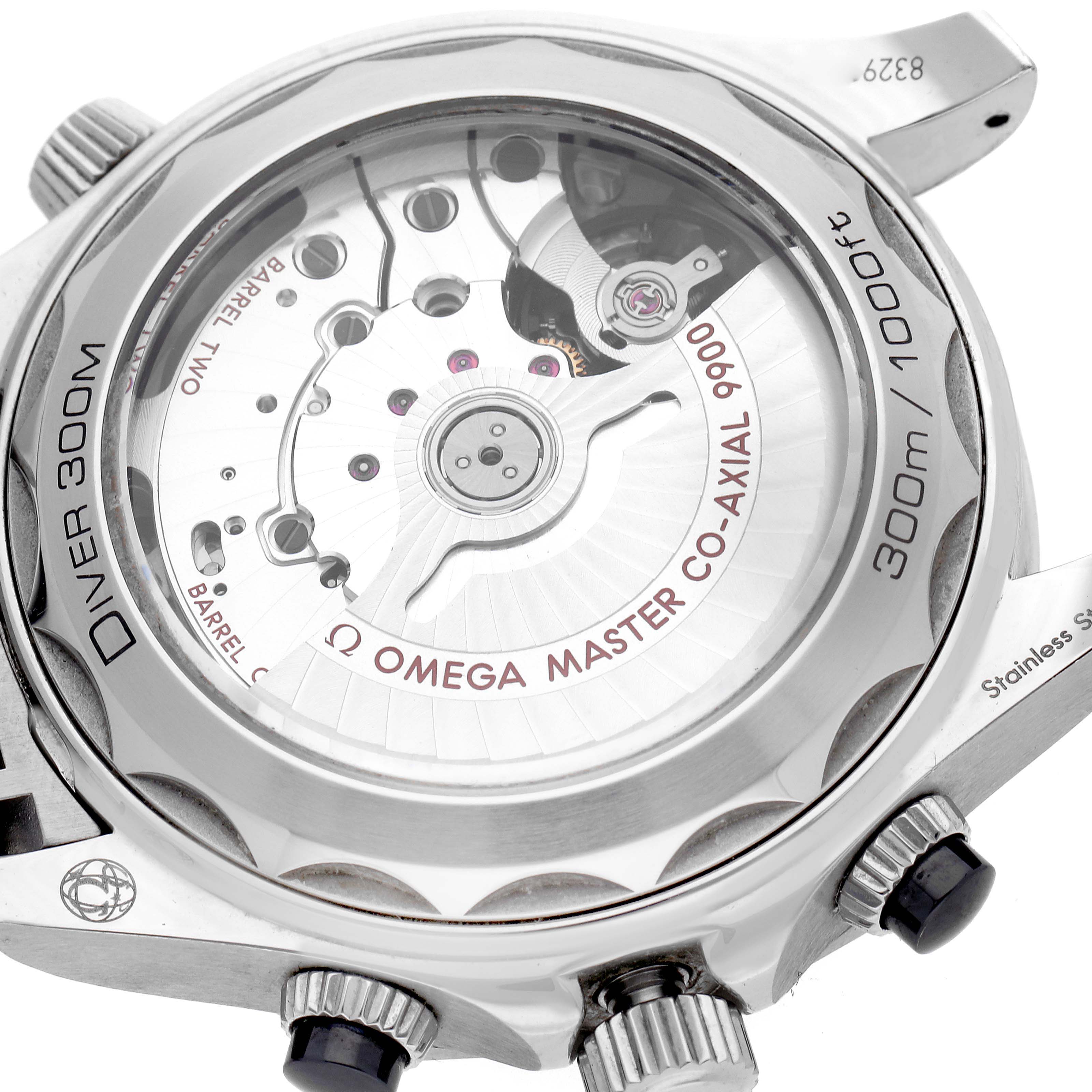 The image shows the back view of the Omega Seamaster 210.30.44.51.01.001 Men
s Stainless Steel Black Dial 210.30.44.51.01.001 Men
s Stainless Steel Black Dial, highlighting its transparent case back and internal mechanism.