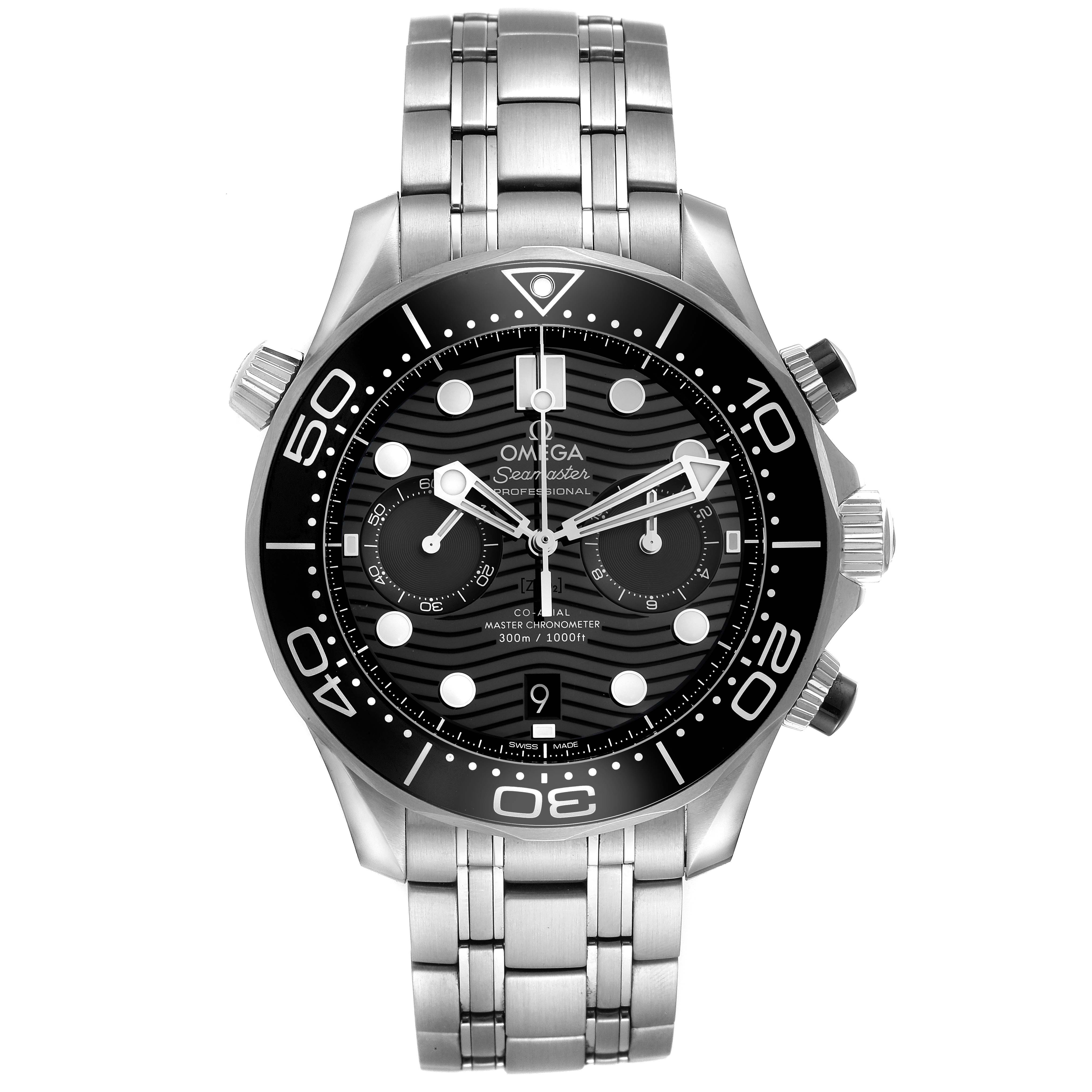 The image shows an Omega Seamaster 210.30.44.51.01.001 Men
s Stainless Steel Black Dial 210.30.44.51.01.001 Men
s Stainless Steel Black Dial watch from a front view, displaying its face, bezel, and metal bracelet.