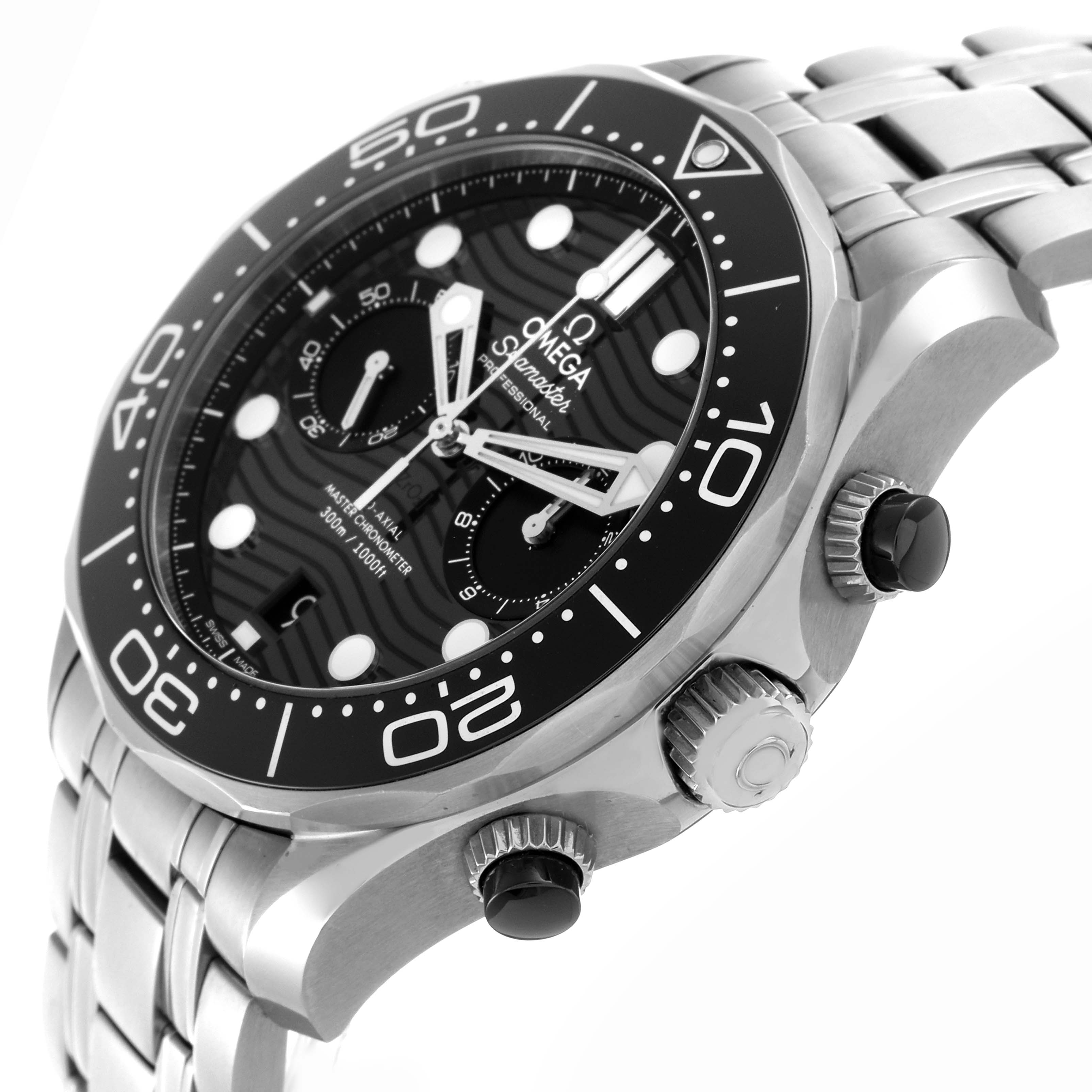 The Omega Seamaster 210.30.44.51.01.001 Men
s Stainless Steel Black Dial 210.30.44.51.01.001 Men
s Stainless Steel Black Dial watch is shown at an angled side view, highlighting the bezel, dial, crown, and bracelet.