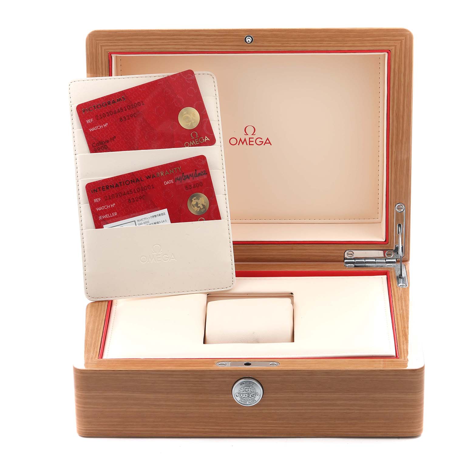 The image shows an Omega Seamaster 210.30.44.51.01.001 Men
s Stainless Steel Black Dial 210.30.44.51.01.001 Men
s Stainless Steel Black Dial watch box, warranty cards, and a card holder from a front angle.