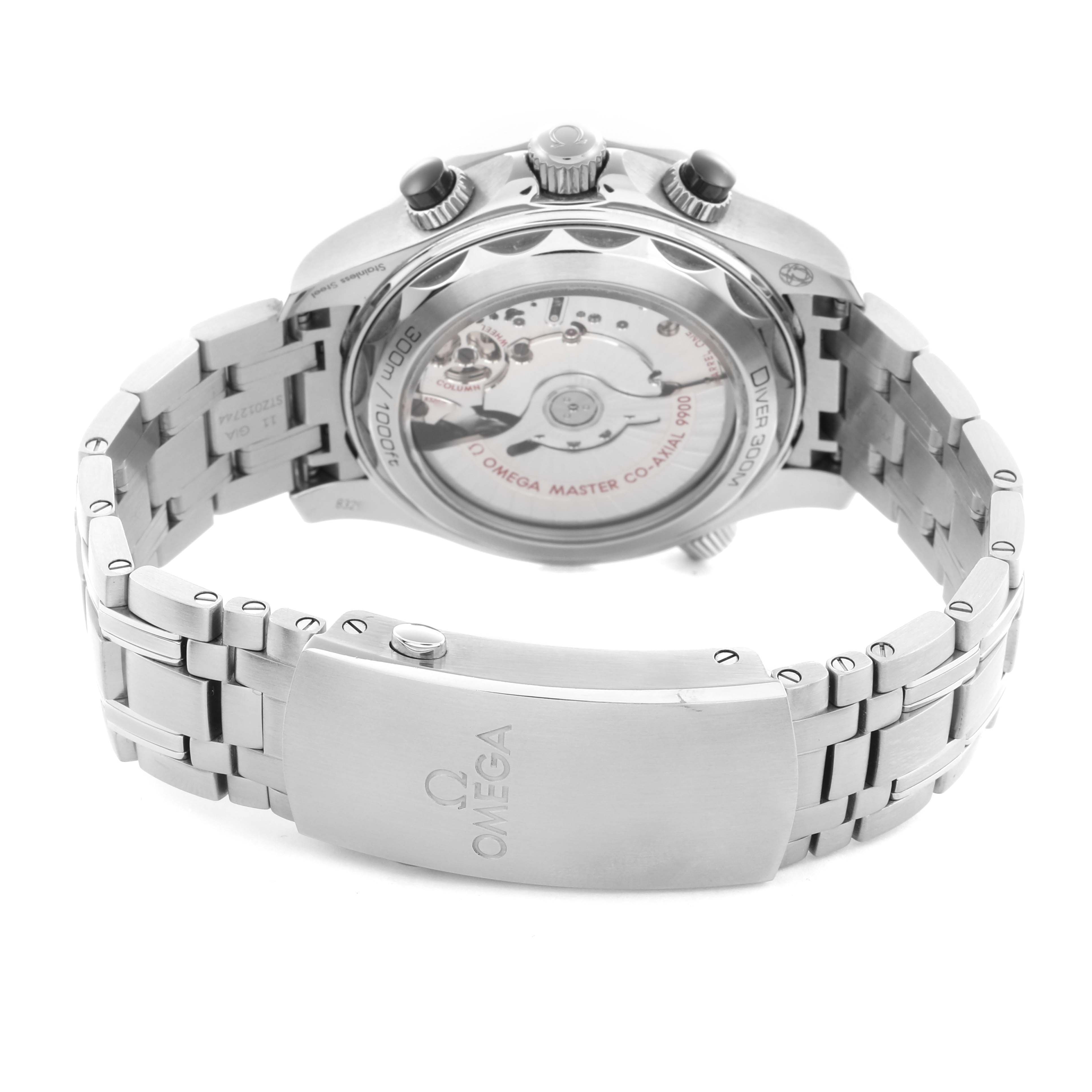 The image shows the back view of an Omega Seamaster 210.30.44.51.01.001 Men
s Stainless Steel Black Dial 210.30.44.51.01.001 Men
s Stainless Steel Black Dial watch, highlighting the movement, bracelet, and clasp.