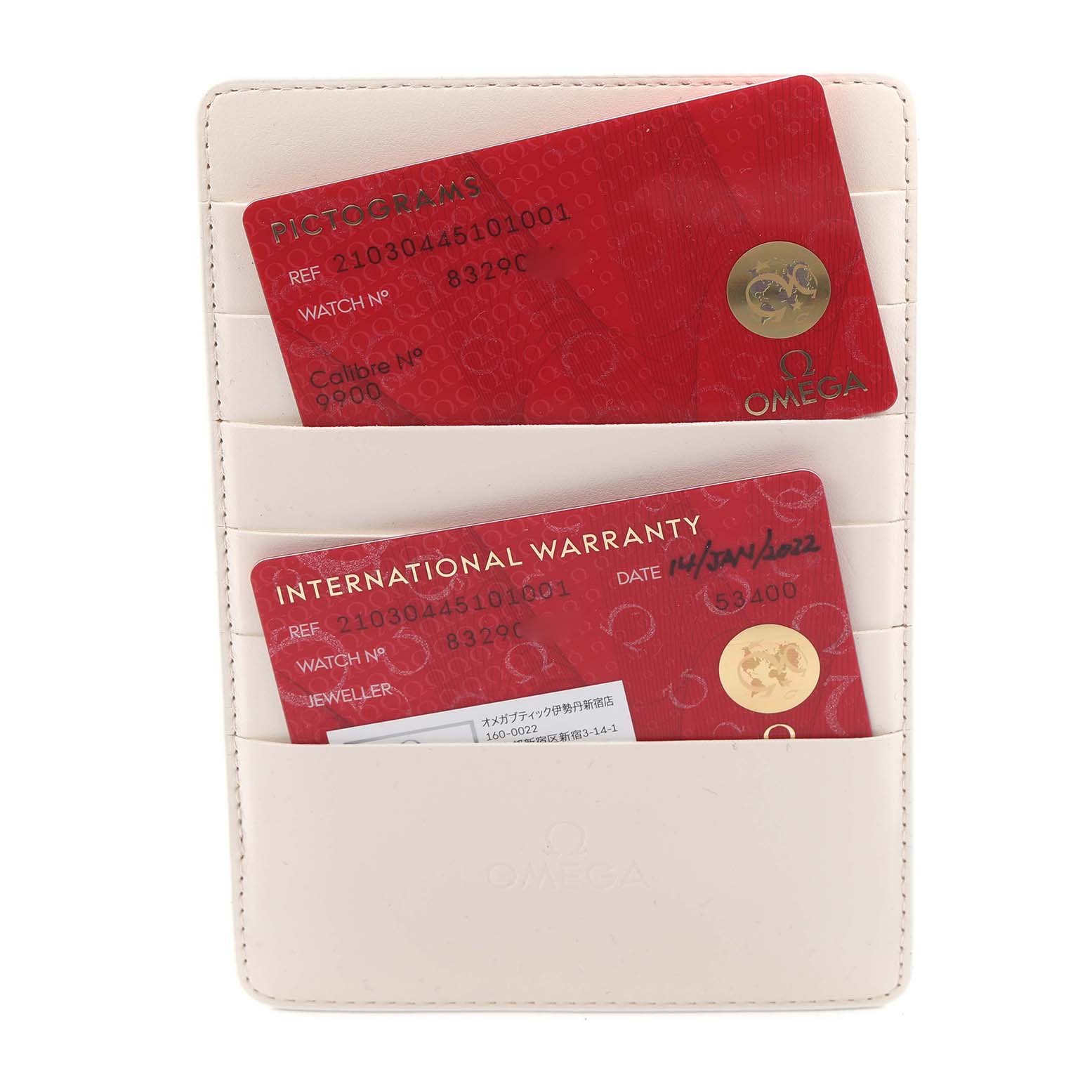 The image shows Omega Seamaster 210.30.44.51.01.001 Men
s Stainless Steel Black Dial 210.30.44.51.01.001 Men
s Stainless Steel Black Dial model cards in a holder, including a pictogram card and international warranty card.