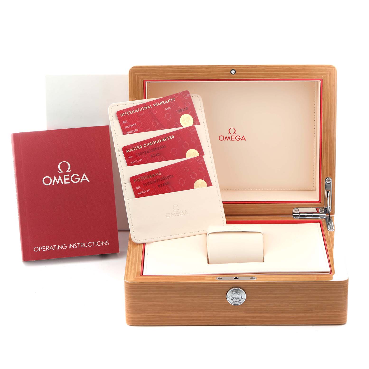 The image shows an Omega Seamaster 210.32.42.20.01.001 Men
s Stainless Steel Black Dial 210.32.42.20.01.001 Men
s Stainless Steel Black Dial box open at the front with cards and an operating manual displayed.