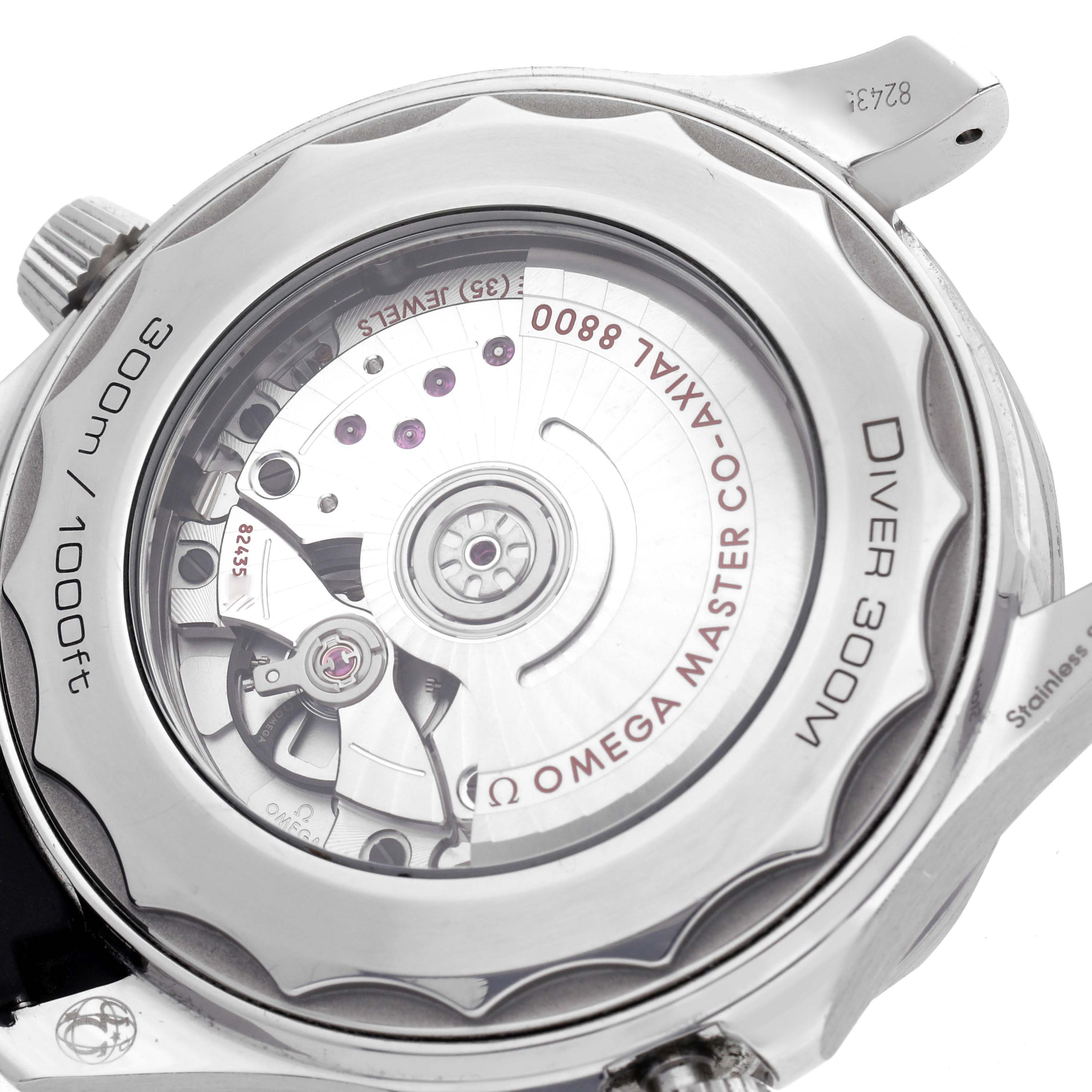 The image shows the back of an Omega Seamaster 210.32.42.20.01.001 Men
s Stainless Steel Black Dial 210.32.42.20.01.001 Men
s Stainless Steel Black Dial, highlighting the Co-Axial movement and case details.