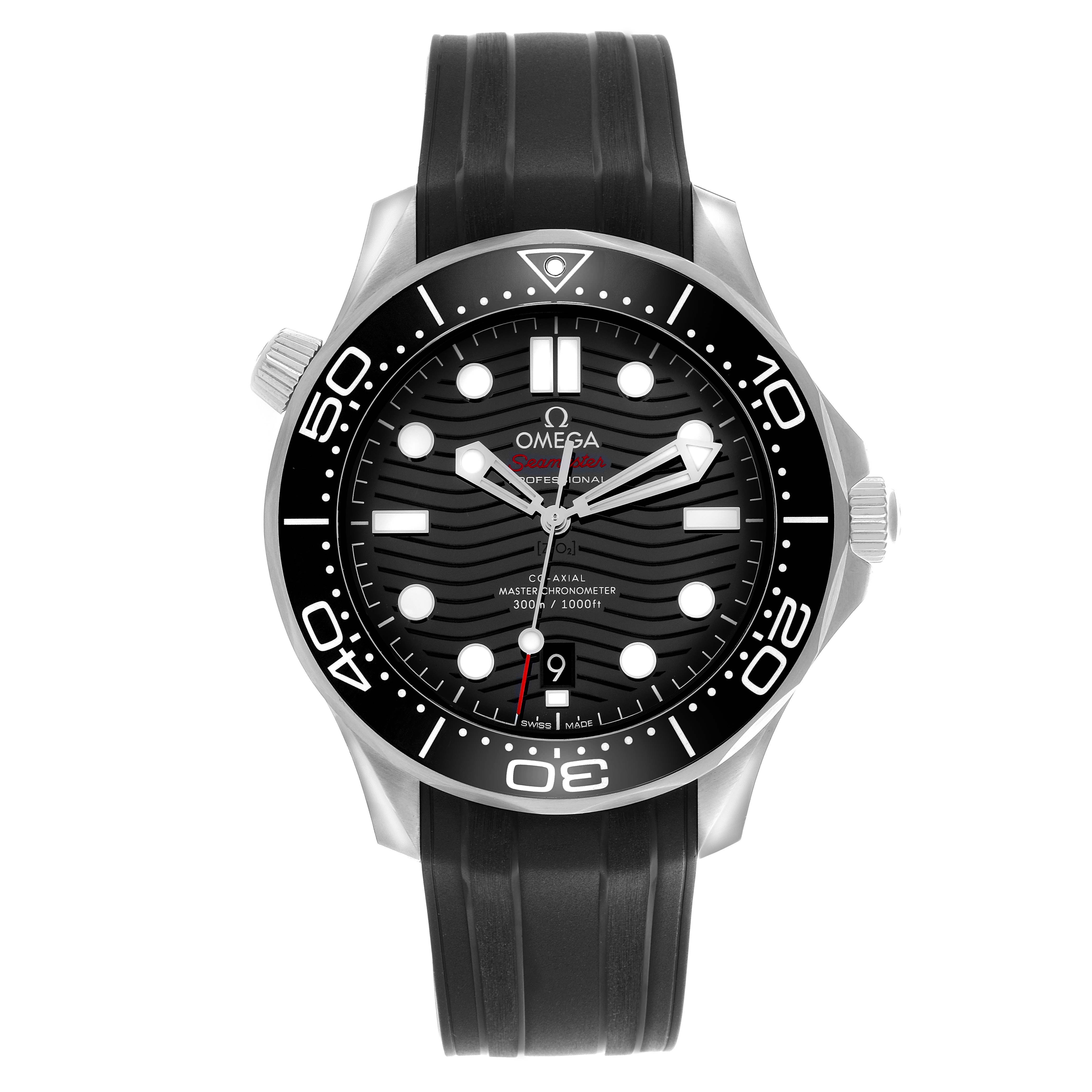 This Omega Seamaster 210.32.42.20.01.001 Men
s Stainless Steel Black Dial 210.32.42.20.01.001 Men
s Stainless Steel Black Dial watch is shown from the front, highlighting the dial, bezel, and strap.