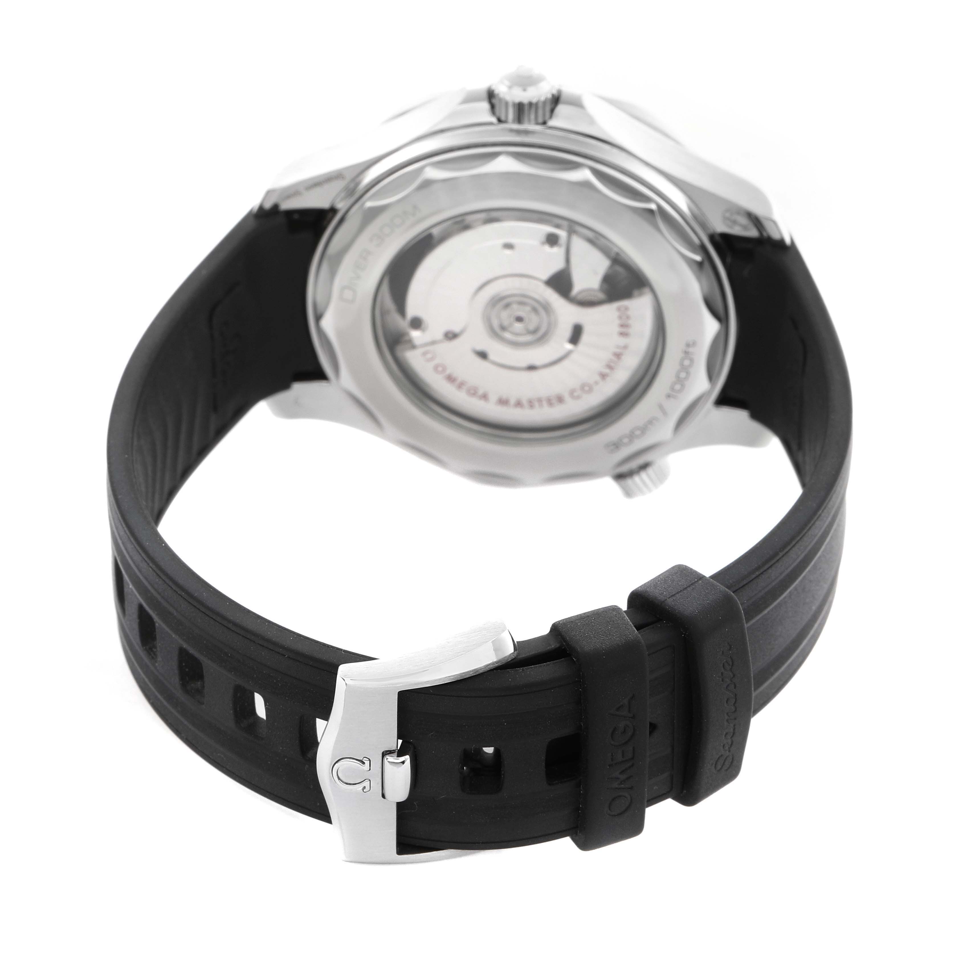 The Omega Seamaster 210.32.42.20.01.001 Men
s Stainless Steel Black Dial 210.32.42.20.01.001 Men
s Stainless Steel Black Dial watch is shown from the back, highlighting its transparent case back and black rubber strap with buckle.