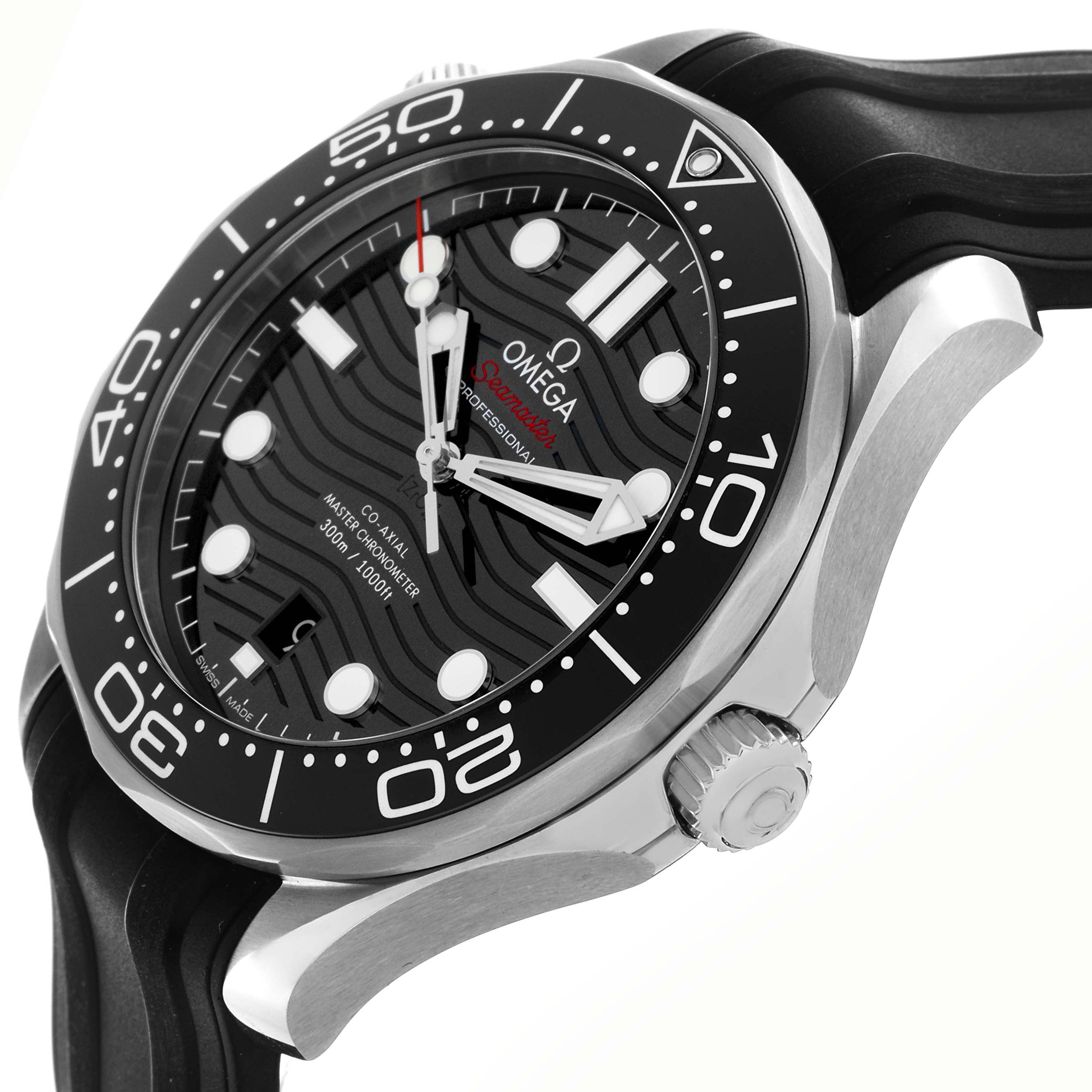 The Omega Seamaster 210.32.42.20.01.001 Men
s Stainless Steel Black Dial 210.32.42.20.01.001 Men
s Stainless Steel Black Dial watch is shown from an angled side view, highlighting the bezel, crown, and face design.