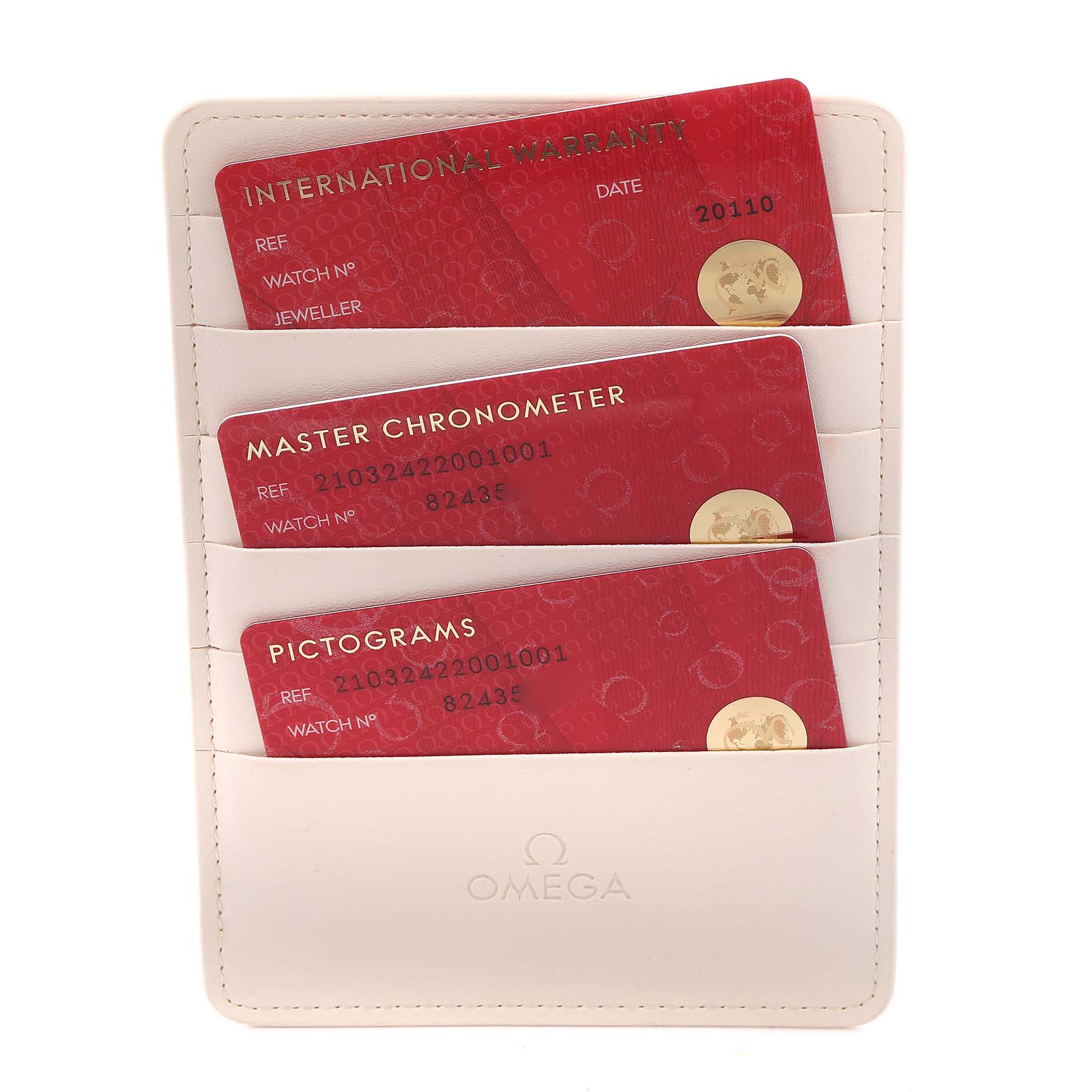 The image shows Omega Seamaster 210.32.42.20.01.001 Men
s Stainless Steel Black Dial 210.32.42.20.01.001 Men
s Stainless Steel Black Dial model warranty cards in a white cardholder.