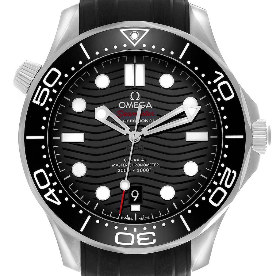 The Omega Seamaster is shown from a frontal angle, highlighting the dial, bezel, crown, and part of the strap.