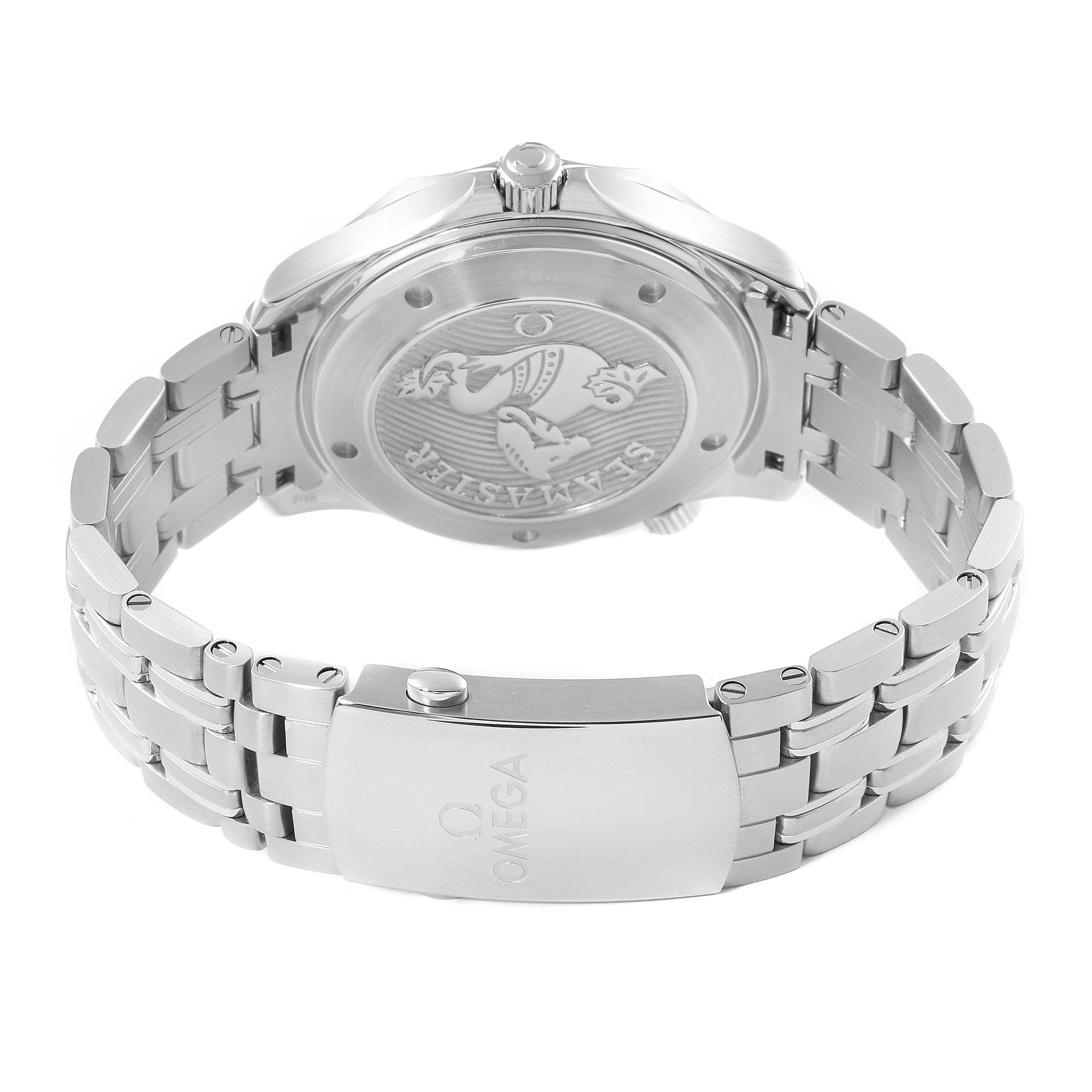 This image shows the back view of an Omega Seamaster 212.30.41.20.03.001 Men
s Stainless Steel Blue Dial 212.30.41.20.03.001 Men
s Stainless Steel Blue Dial watch, highlighting the case back and bracelet.