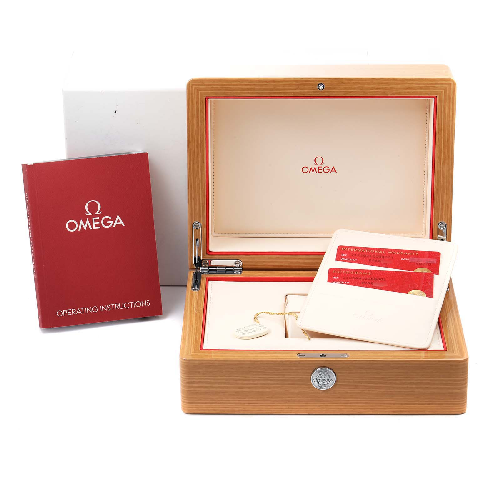 The image shows the packaging for the Omega Seamaster 212.30.41.20.03.001 Men
s Stainless Steel Blue Dial 212.30.41.20.03.001 Men
s Stainless Steel Blue Dial model, including the watch box, operating instructions, and warranty cards.