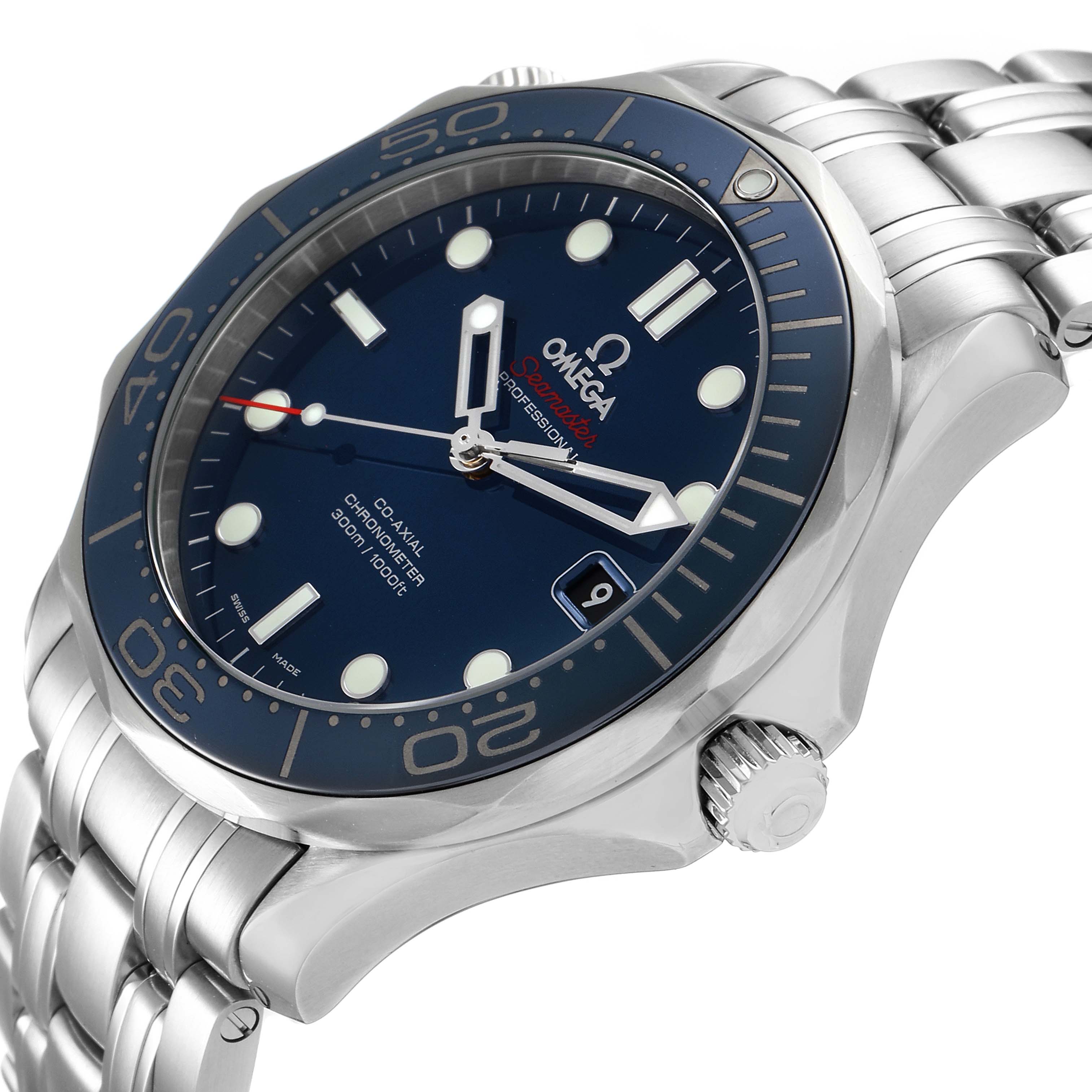 The image shows an Omega Seamaster 212.30.41.20.03.001 Men
s Stainless Steel Blue Dial 212.30.41.20.03.001 Men
s Stainless Steel Blue Dial watch angled from the front-right, displaying the dial, bezel, crown, and part of the bracelet.