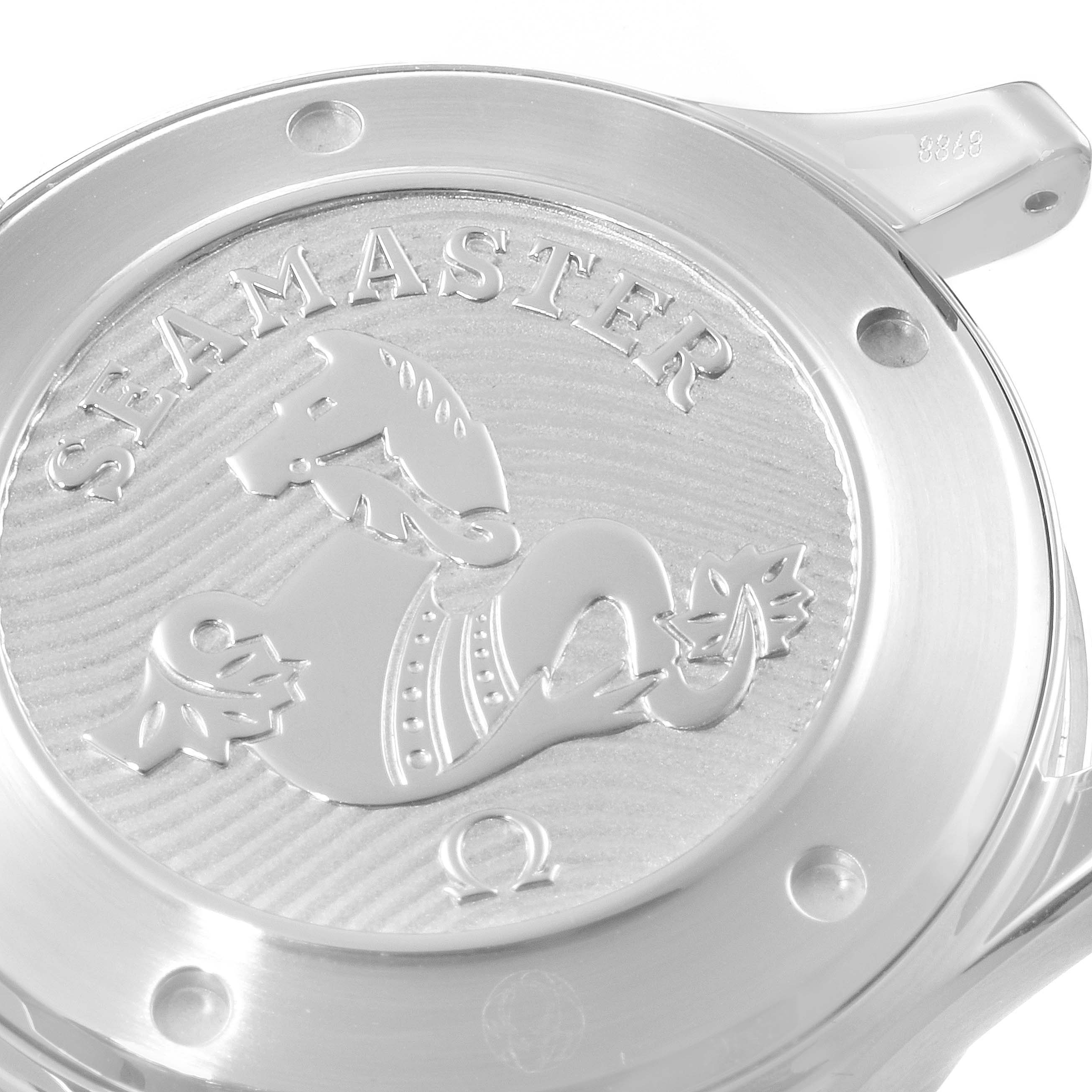 The image shows the case back of an Omega Seamaster 212.30.41.20.03.001 Men
s Stainless Steel Blue Dial 212.30.41.20.03.001 Men
s Stainless Steel Blue Dial watch, displaying the engraved emblem and the model name.