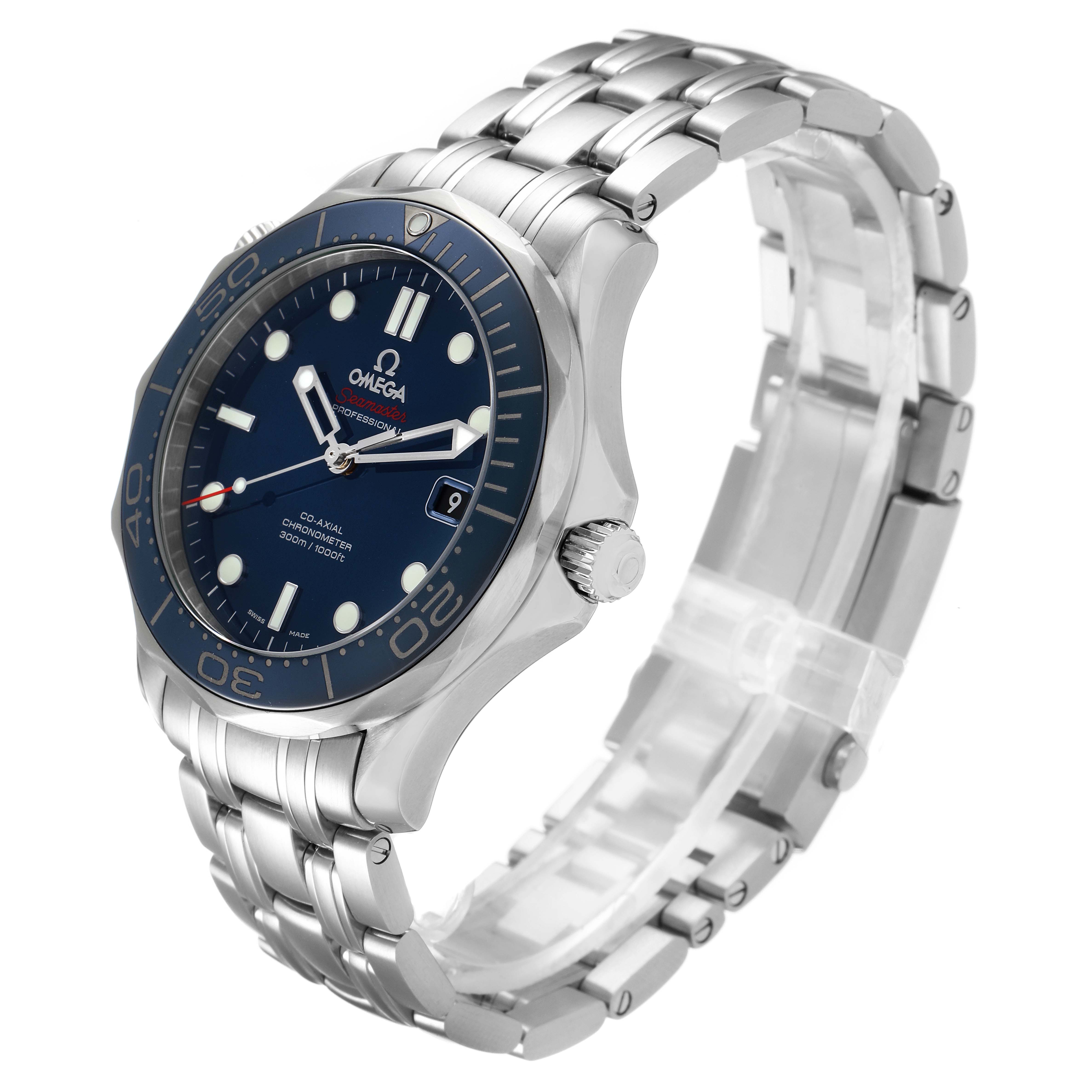 The Omega Seamaster 212.30.41.20.03.001 Men
s Stainless Steel Blue Dial 212.30.41.20.03.001 Men
s Stainless Steel Blue Dial watch is shown at a 45-degree angle, displaying the bracelet, bezel, dial, and crown.