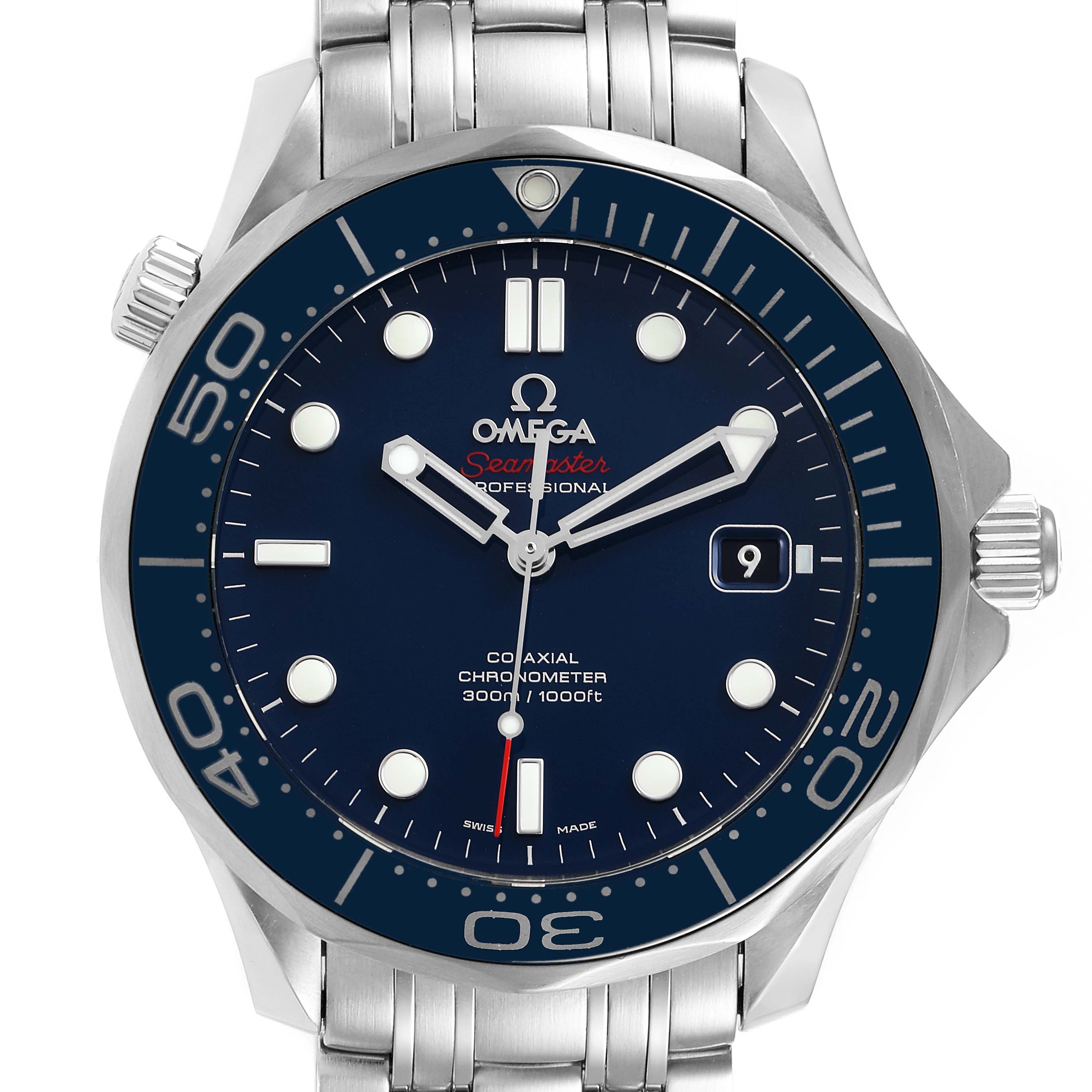 The Omega Seamaster 212.30.41.20.03.001 Men
s Stainless Steel Blue Dial 212.30.41.20.03.001 Men
s Stainless Steel Blue Dial watch is shown from a front angle, highlighting the dial, bezel, hands, and part of the bracelet.