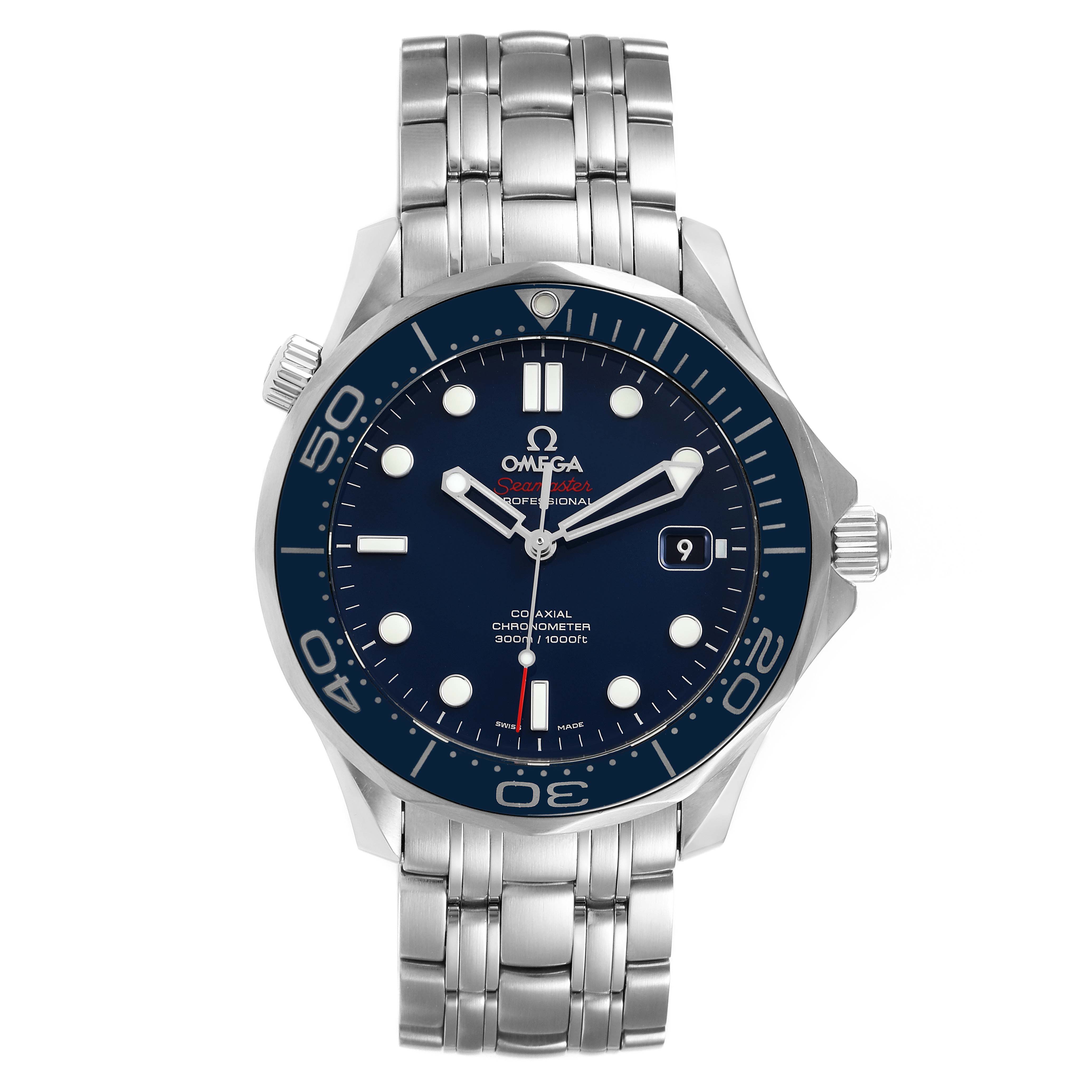 The image shows a front view of an Omega Seamaster 212.30.41.20.03.001 Men
s Stainless Steel Blue Dial 212.30.41.20.03.001 Men
s Stainless Steel Blue Dial watch, highlighting the blue dial, bezel, hands, and metal bracelet.