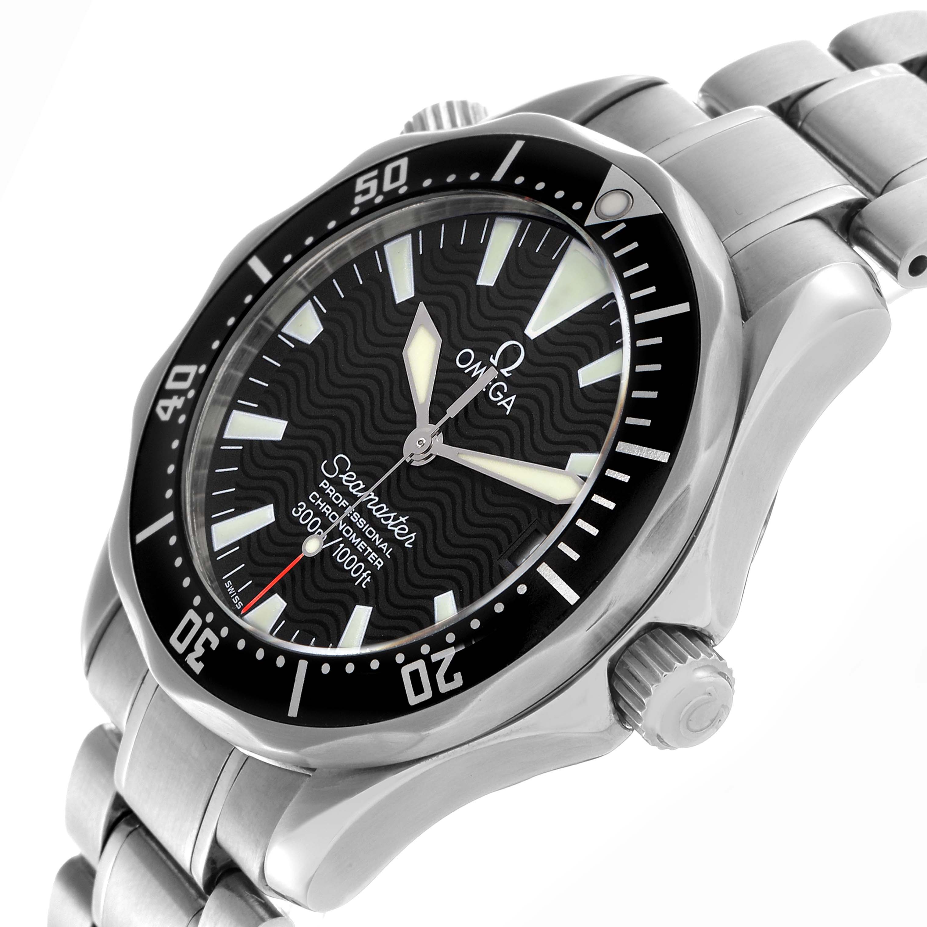 The Omega Seamaster 2252.50.00 Men
s Stainless Steel Black Dial 2252.50.00 Men
s Stainless Steel Black Dial watch is shown from a side angle, highlighting the face, bezel, crown, and bracelet links.