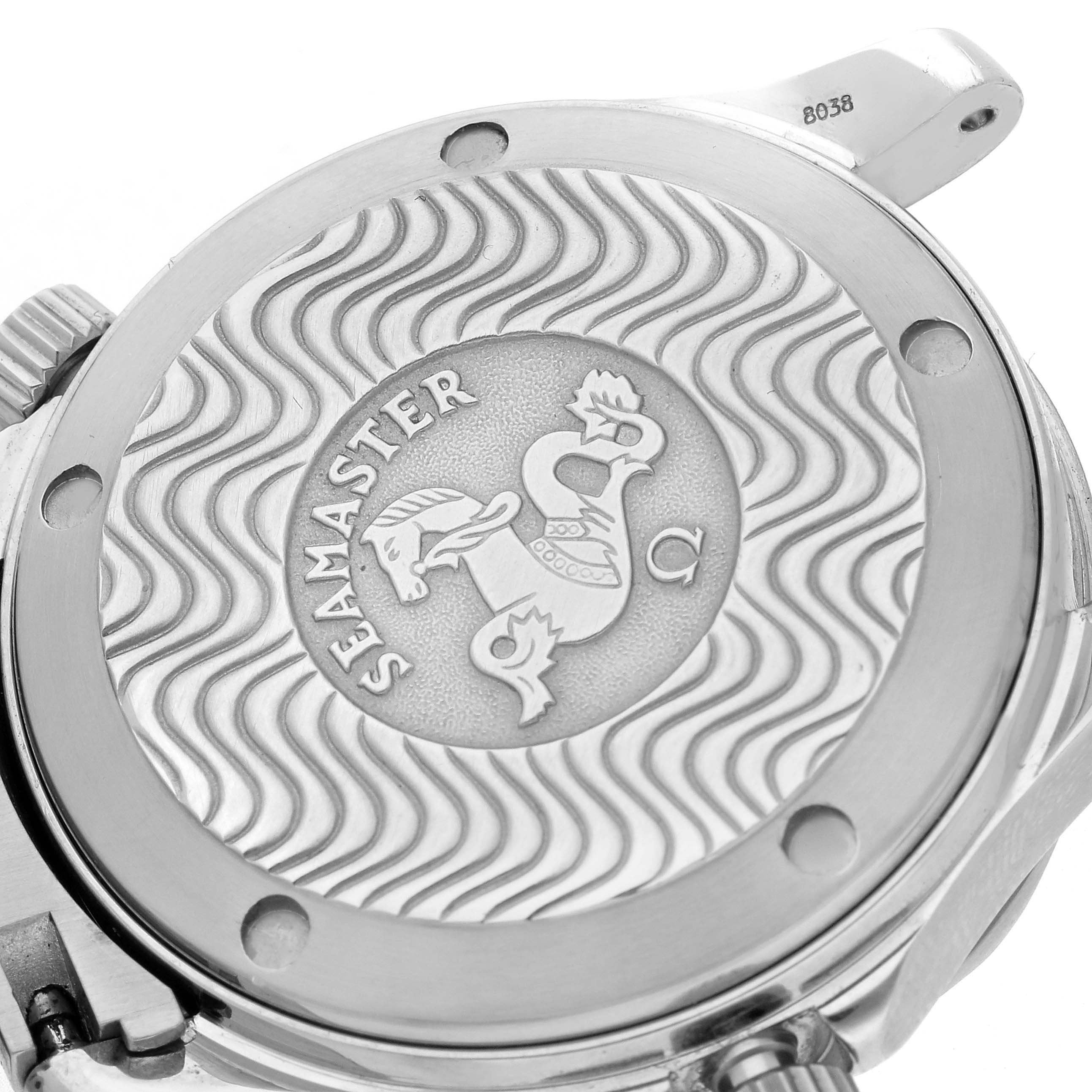 The image shows the back case of an Omega Seamaster 2252.50.00 Men
s Stainless Steel Black Dial 2252.50.00 Men
s Stainless Steel Black Dial watch, featuring its signature engravings.