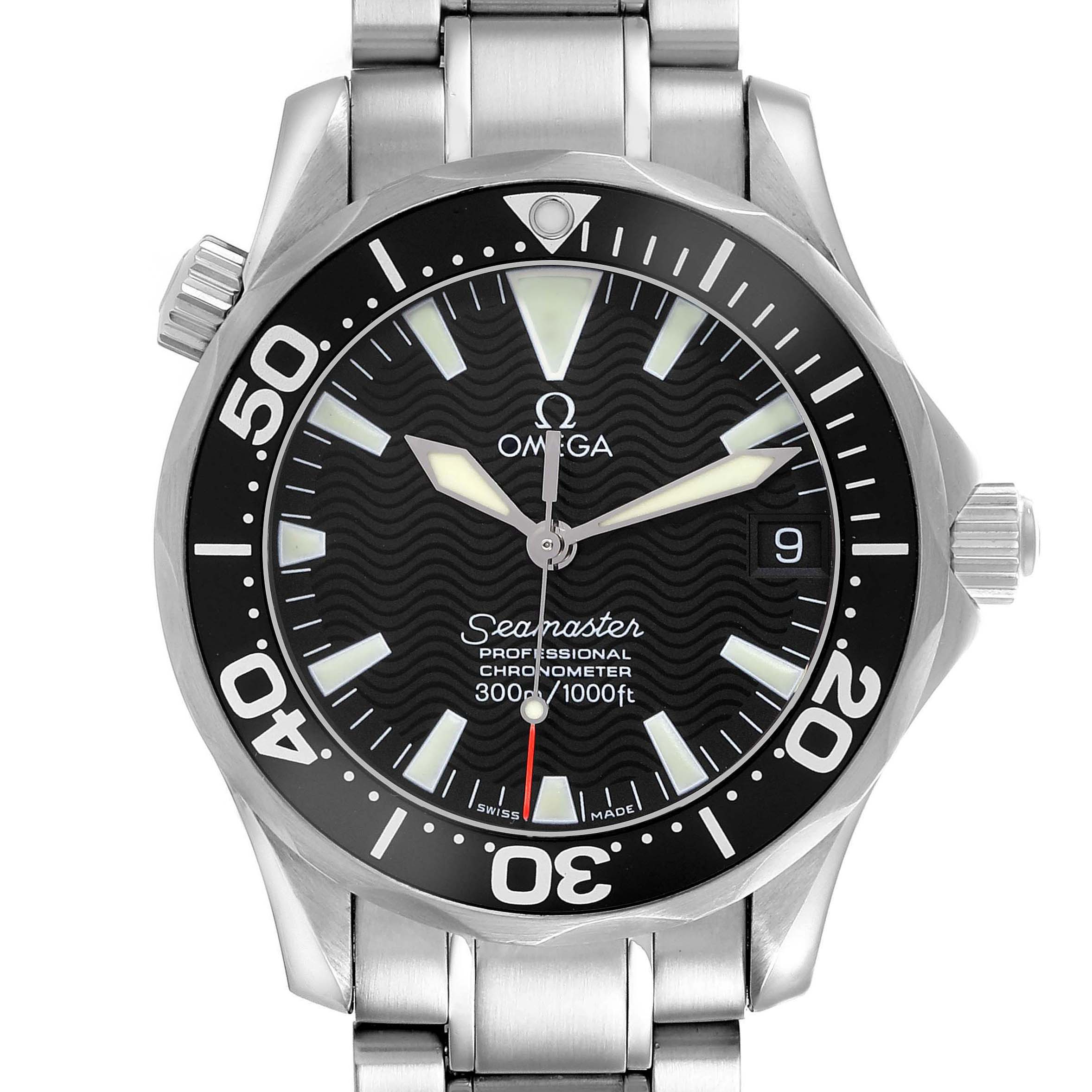 The Omega Seamaster 2252.50.00 Men
s Stainless Steel Black Dial 2252.50.00 Men
s Stainless Steel Black Dial watch is shown from the front, displaying the dial, bezel, hands, date window, and part of the bracelet.