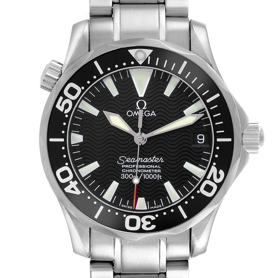 The Omega Seamaster watch is shown from the front, displaying the dial, bezel, hands, date window, and part of the bracelet.