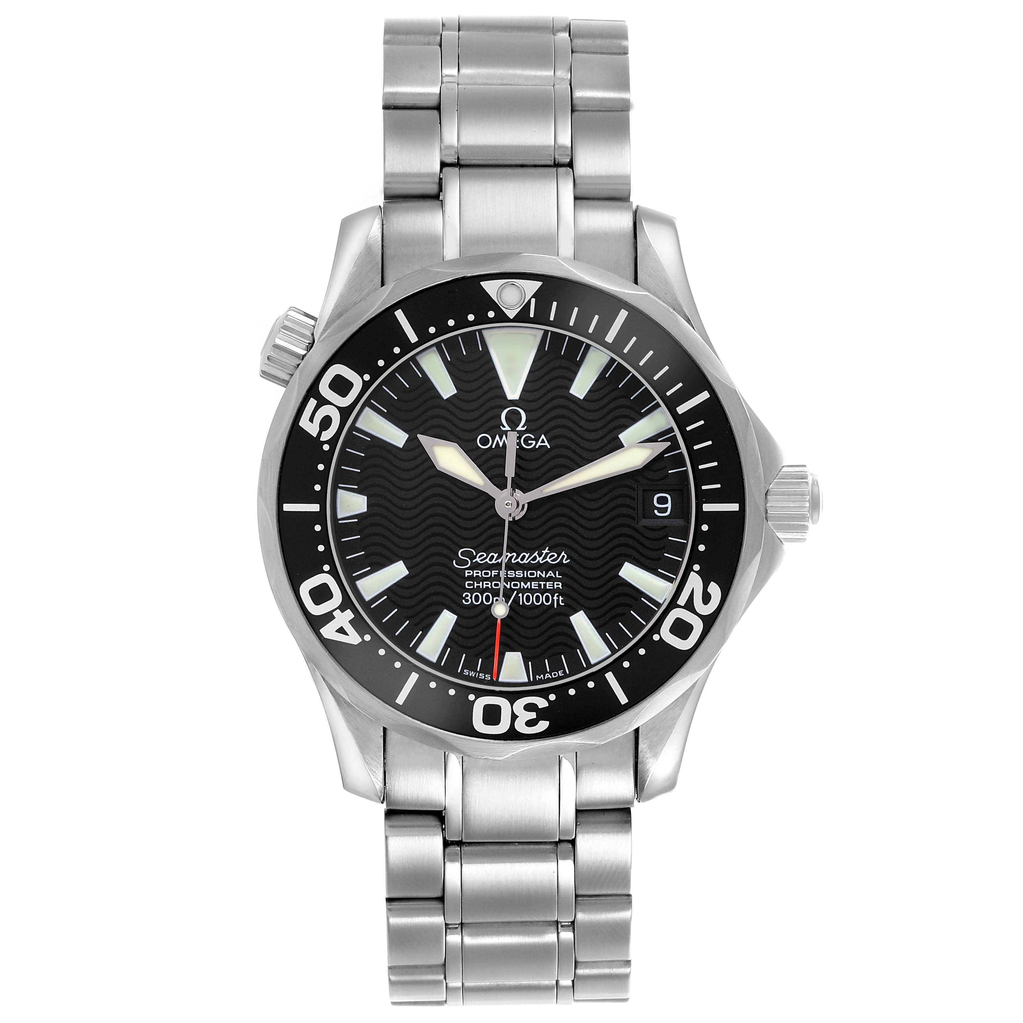The Omega Seamaster 2252.50.00 Men
s Stainless Steel Black Dial 2252.50.00 Men
s Stainless Steel Black Dial watch is shown from the front, displaying its face, bezel, and stainless steel bracelet.