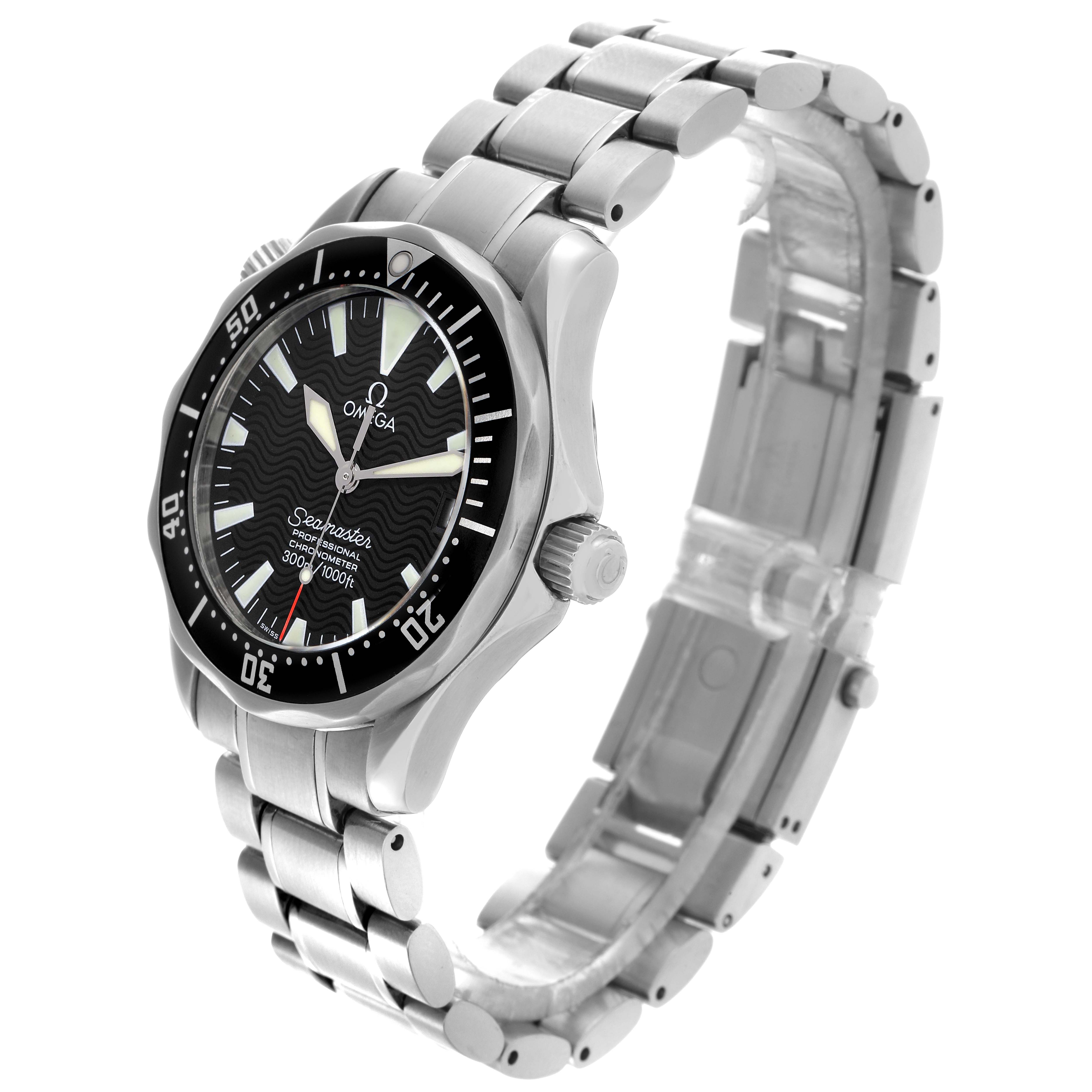 The Omega Seamaster 2252.50.00 Men
s Stainless Steel Black Dial 2252.50.00 Men
s Stainless Steel Black Dial watch is shown at a three-quarter angle, highlighting the face, bezel, crown, and bracelet.