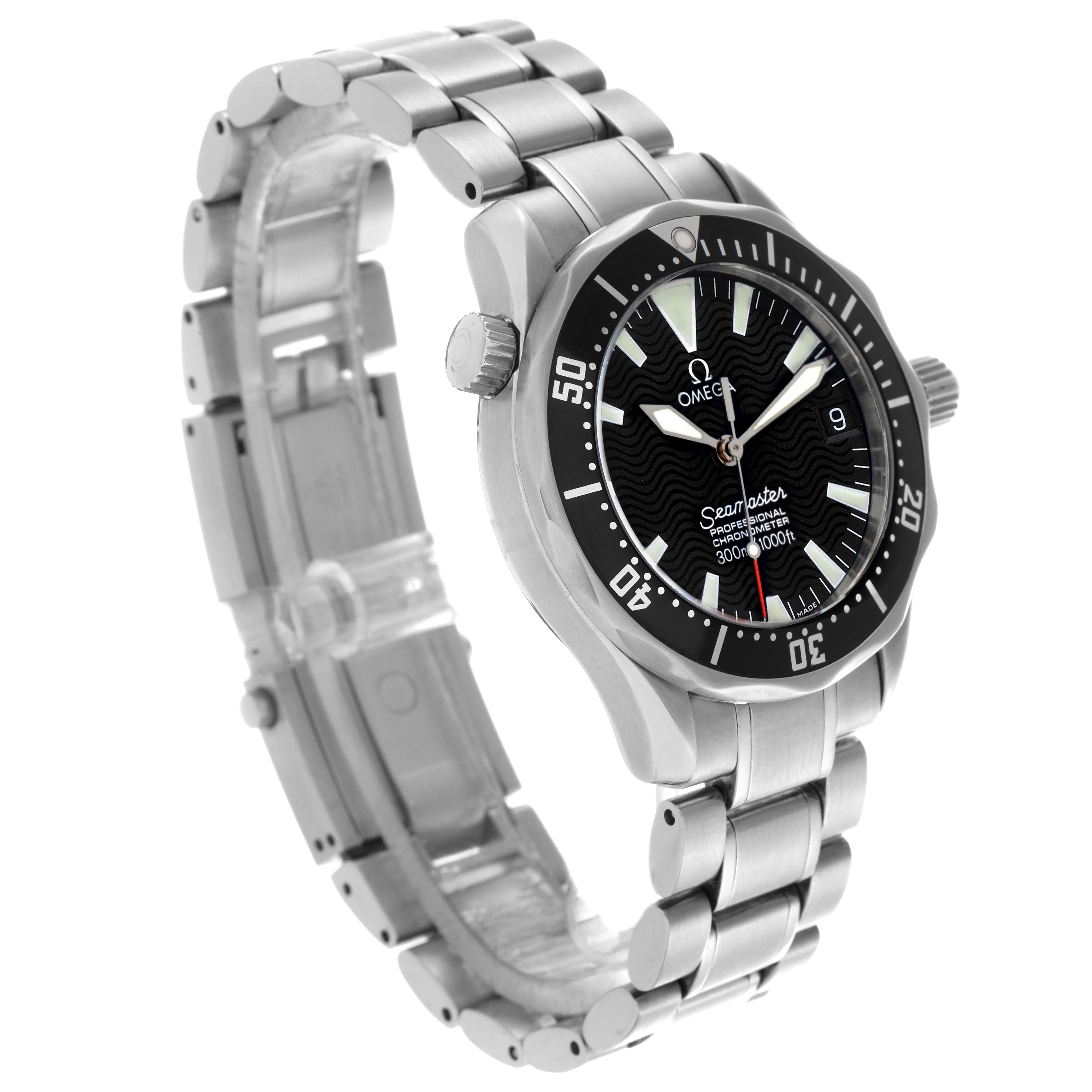 The Omega Seamaster 2252.50.00 Men
s Stainless Steel Black Dial 2252.50.00 Men
s Stainless Steel Black Dial watch is shown at a three-quarter angle, highlighting the bezel, face, crown, and metal bracelet.